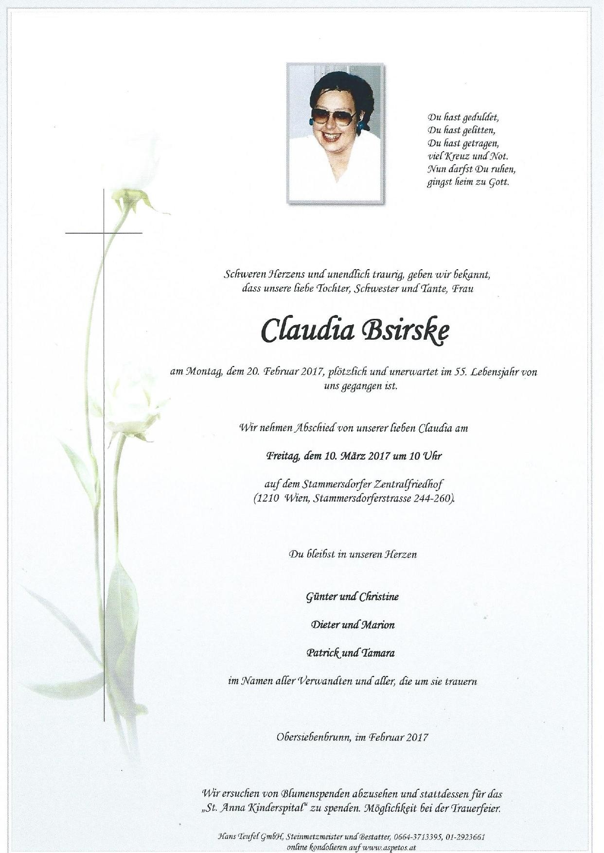 Traueranzeige von Claudia Bsirkse