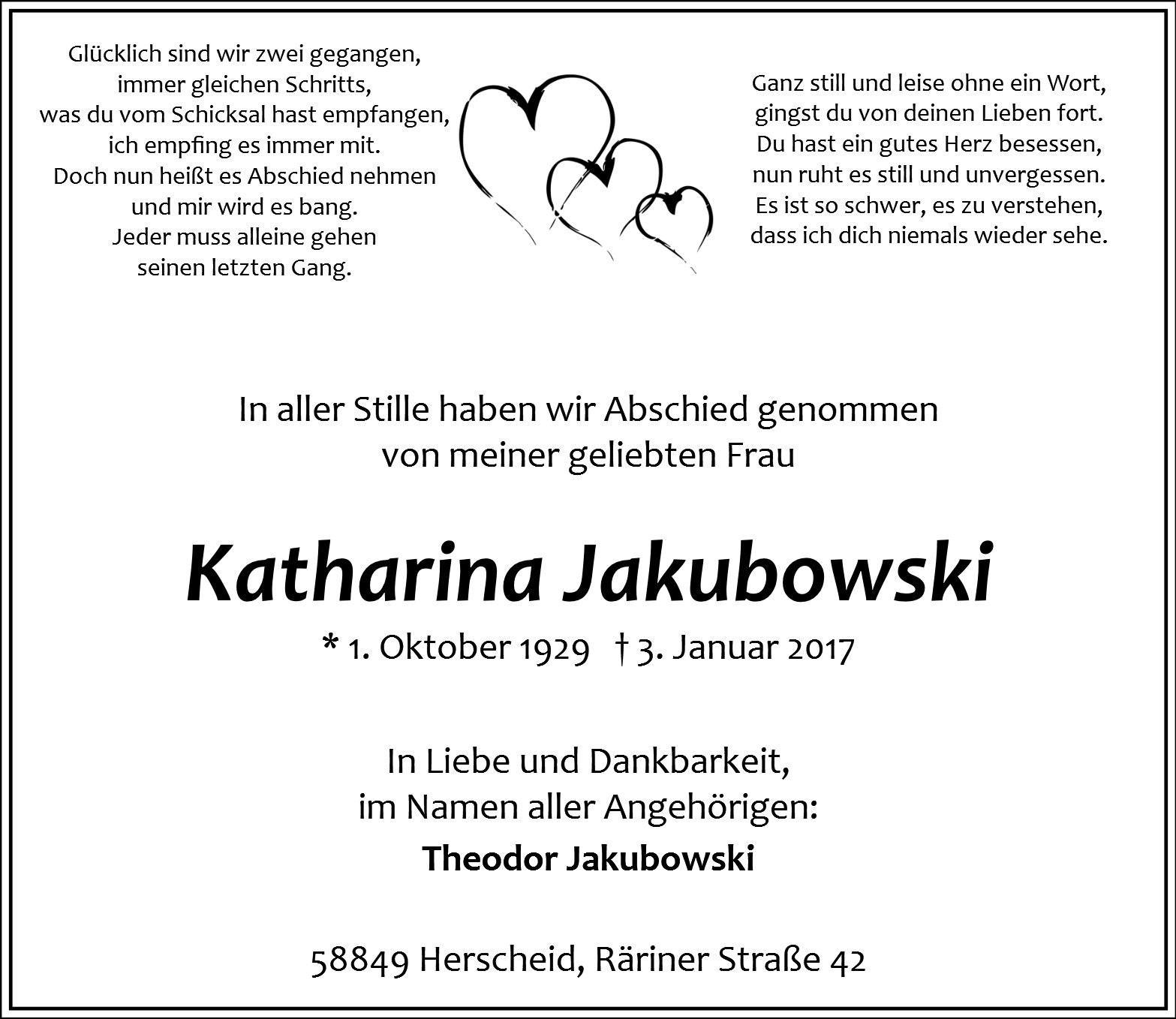 Traueranzeige von Katharina Jakubowski