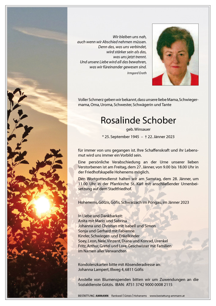 Traueranzeige von Rosalinde Schober