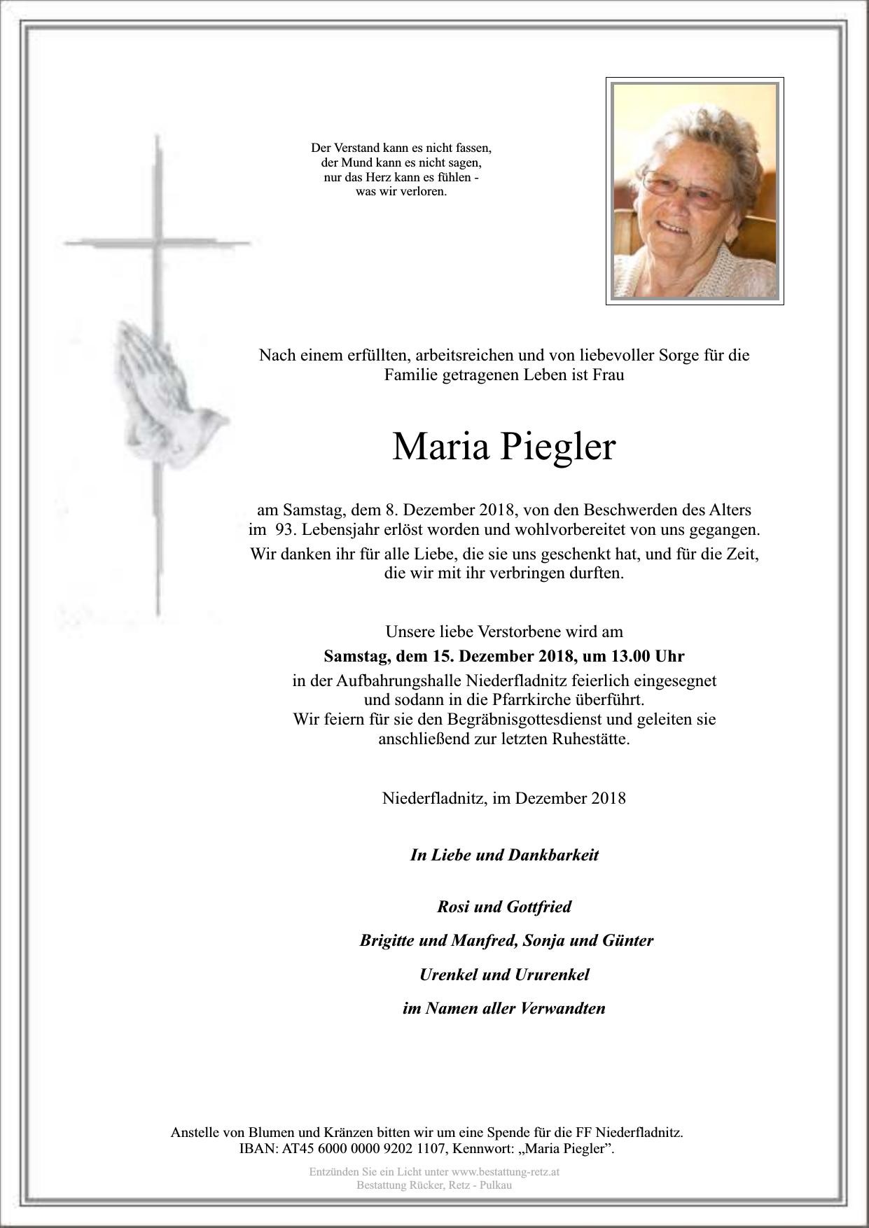 Traueranzeige von Maria Piegler