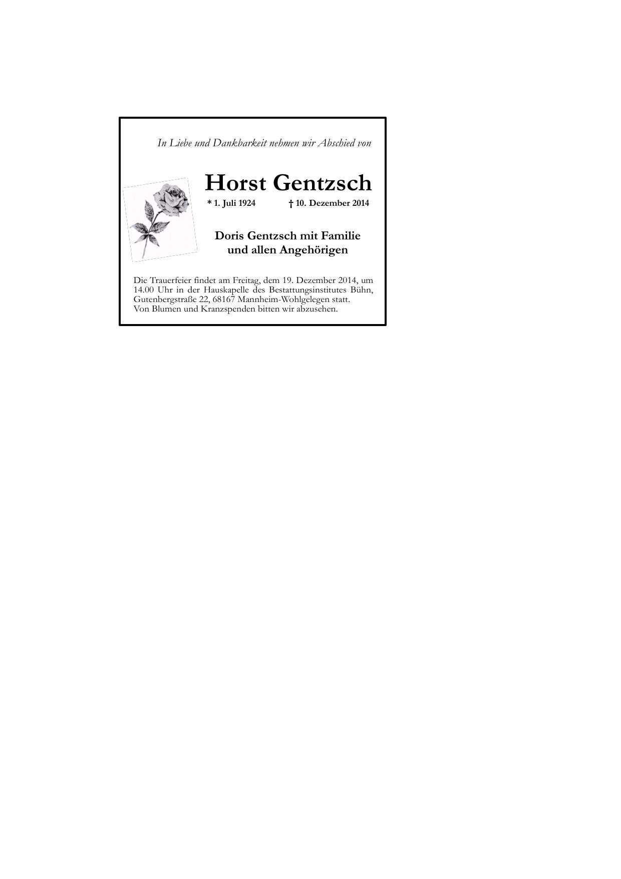 Traueranzeige von Horst Gentzsch