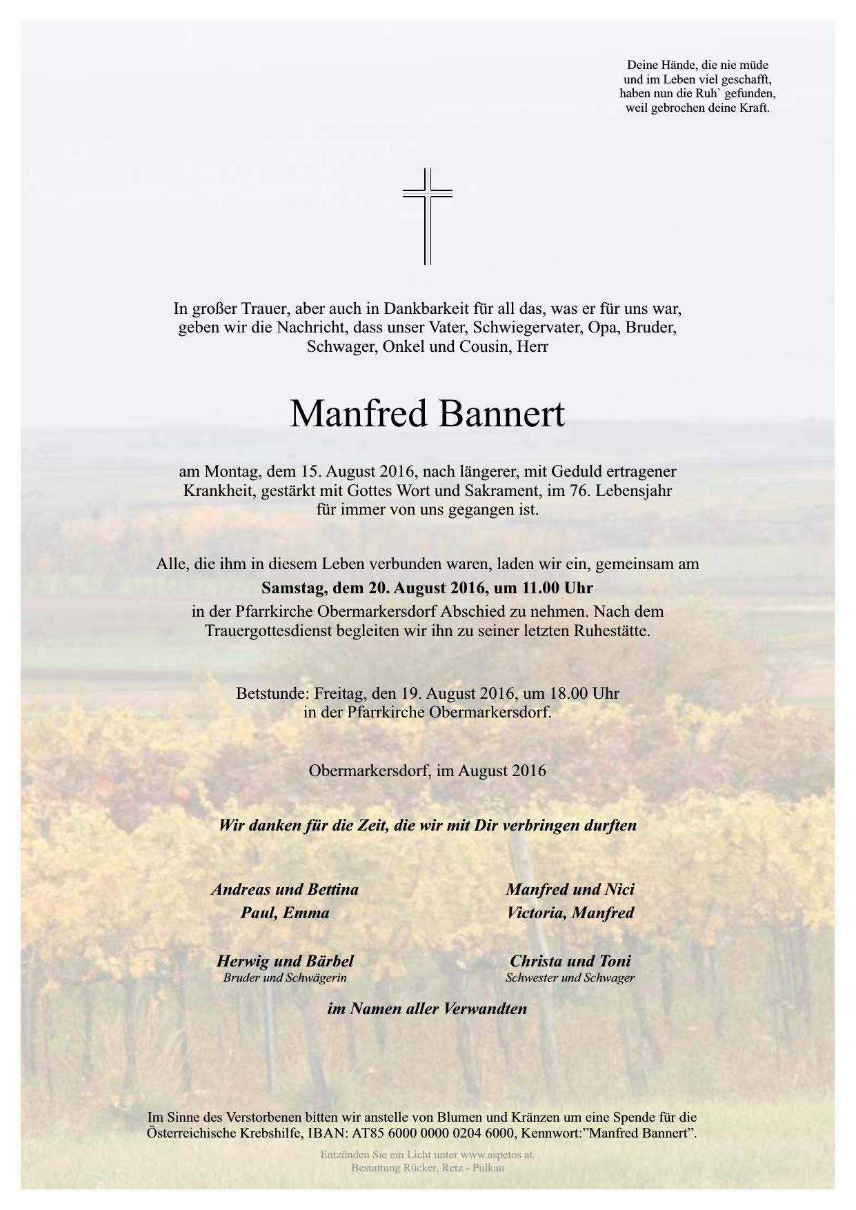 Traueranzeige von Manfred Bannert