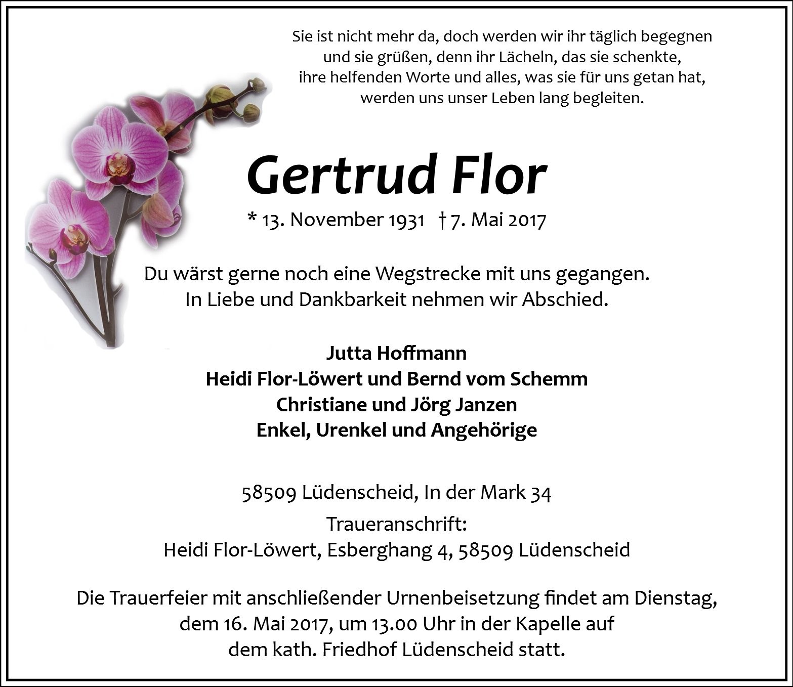 Traueranzeige von Gertrud Flor