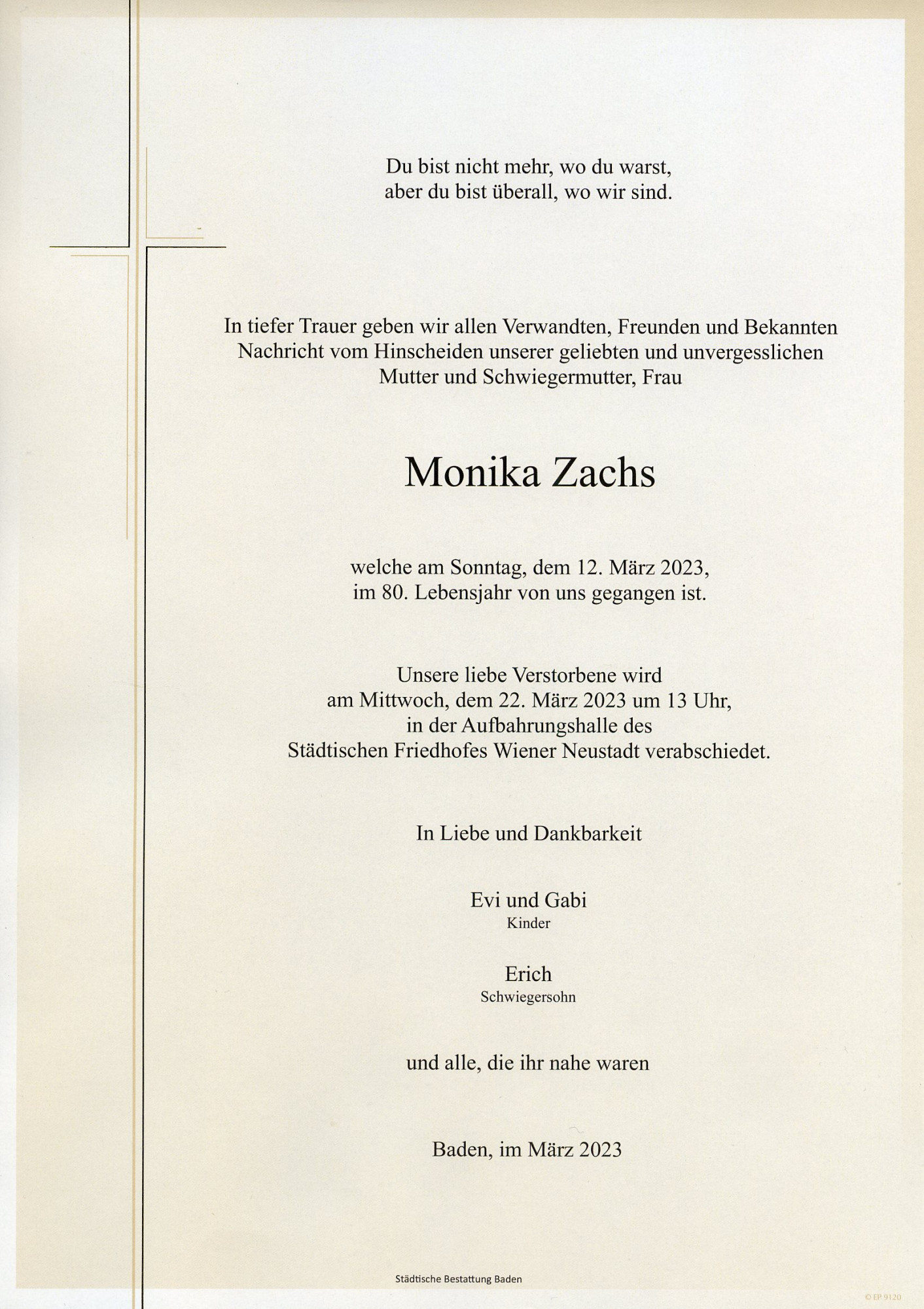 Traueranzeige von Monika Zachs