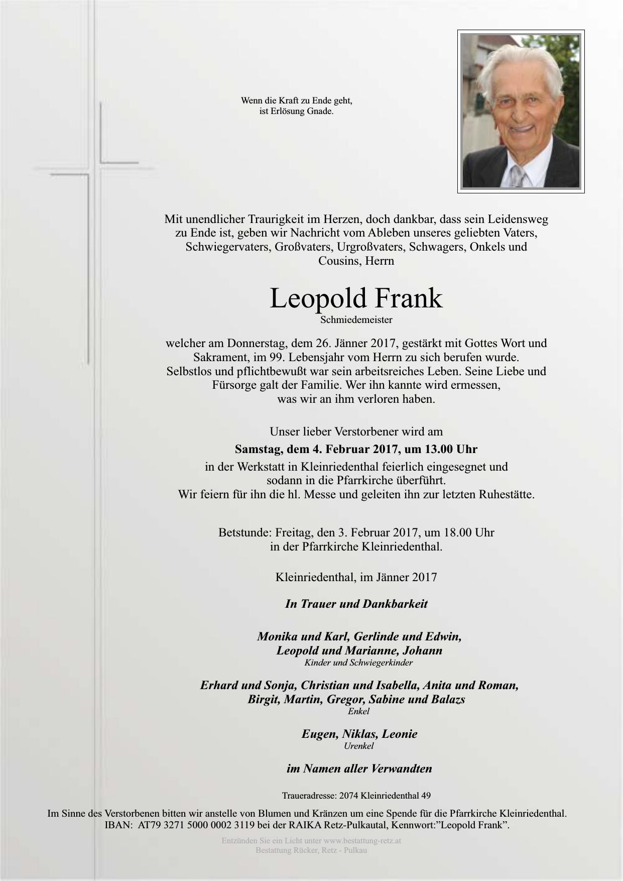 Traueranzeige von Leopold Frank