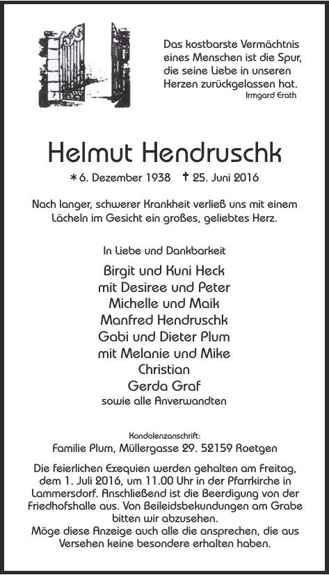 Traueranzeige von Helmut Hendruschk