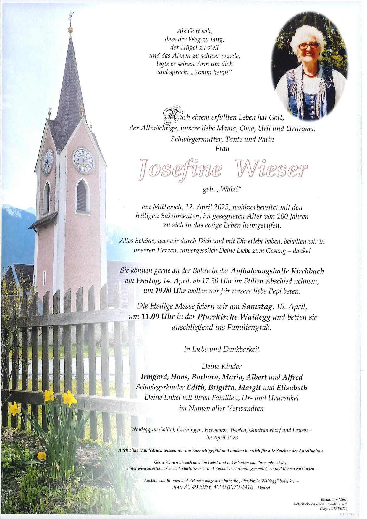 Traueranzeige von Josefine Wieser