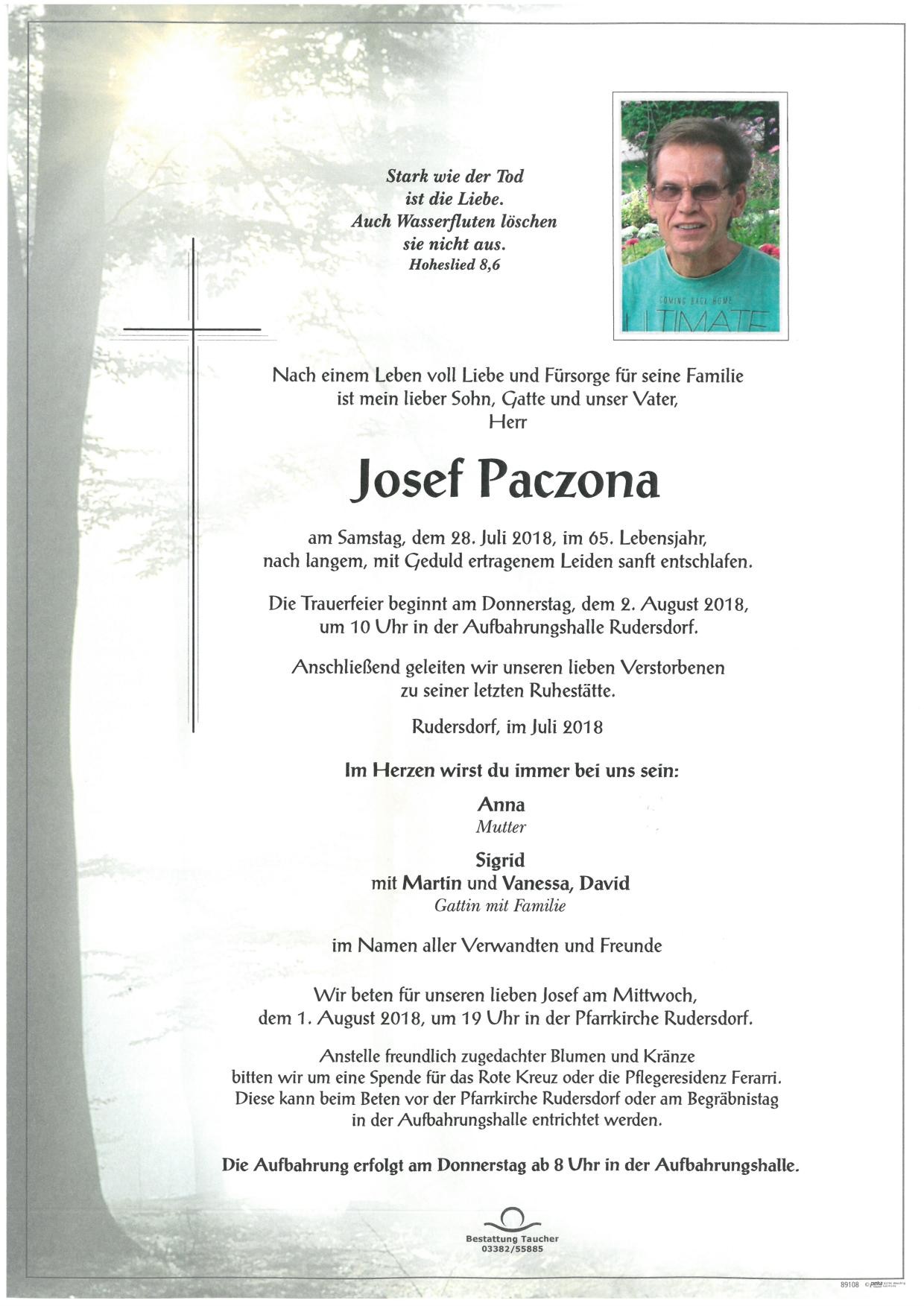 Traueranzeige von Josef Paczona