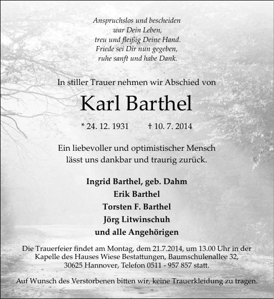 Traueranzeige von Karl Barthel