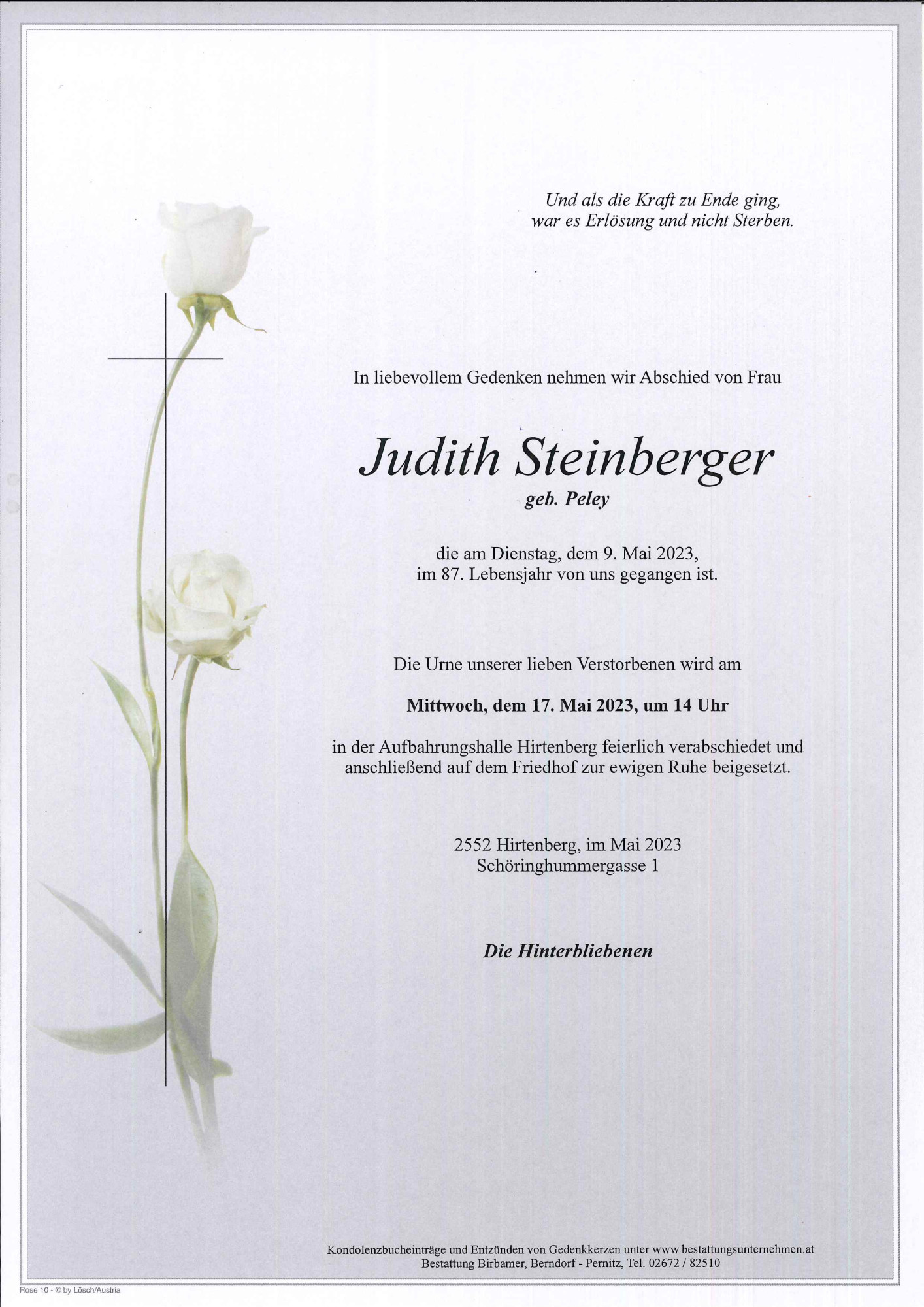 Traueranzeige von Judith Steinberger