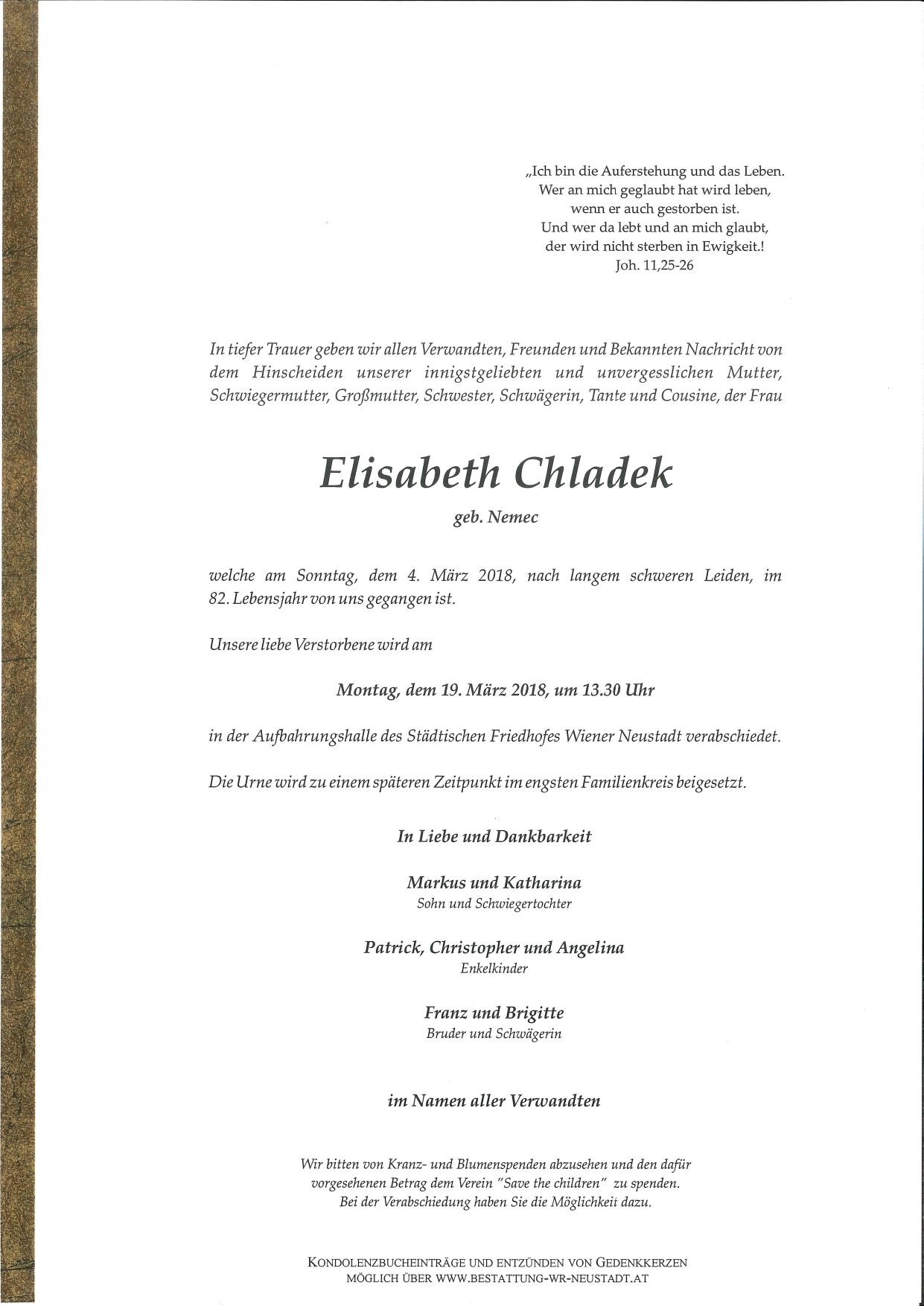 Traueranzeige von Elisabeth Chladek