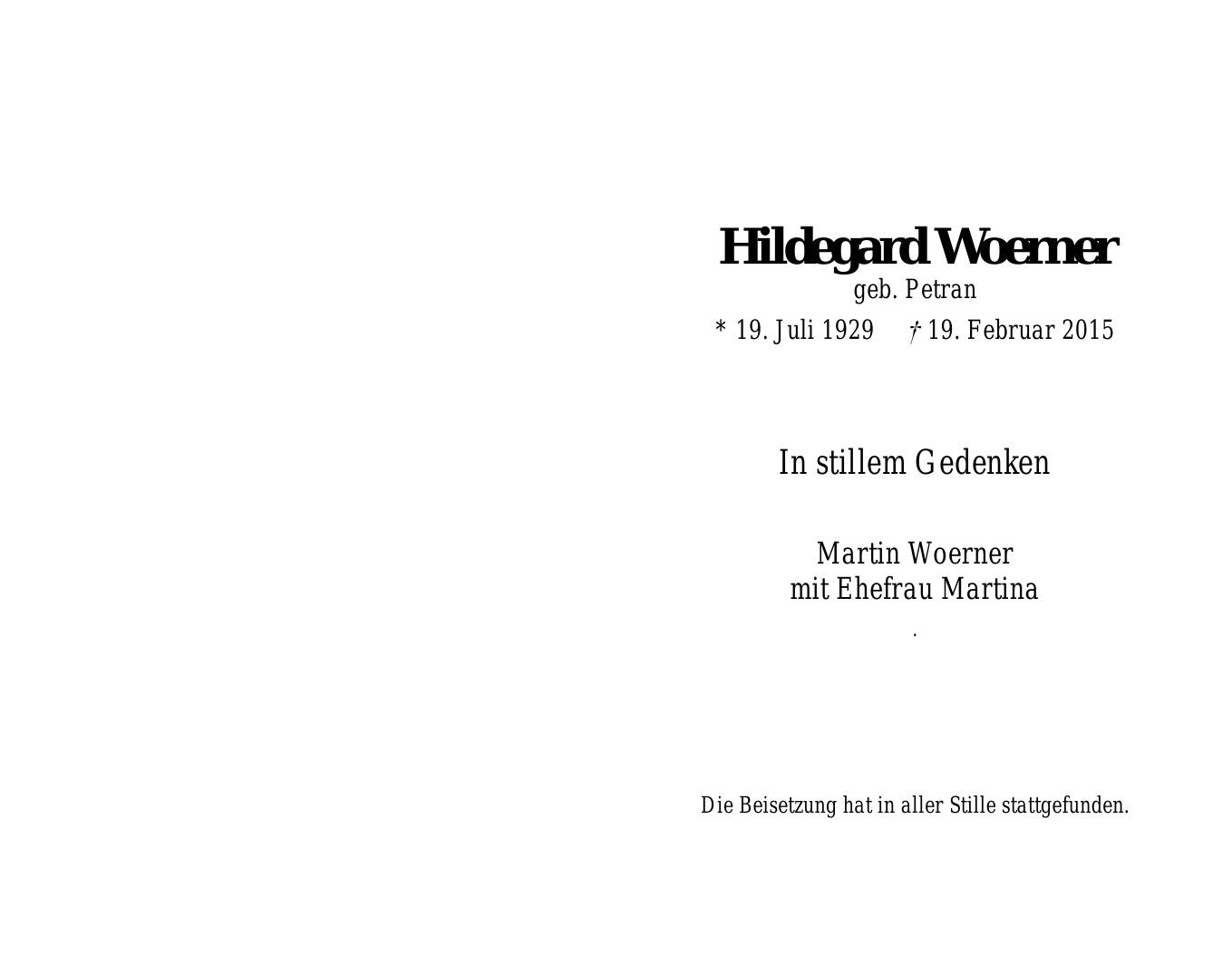 Traueranzeige von Hildegard Woerner