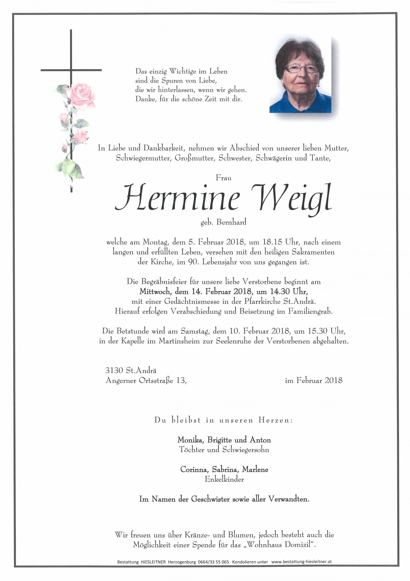 Traueranzeige von Hermine Weigl