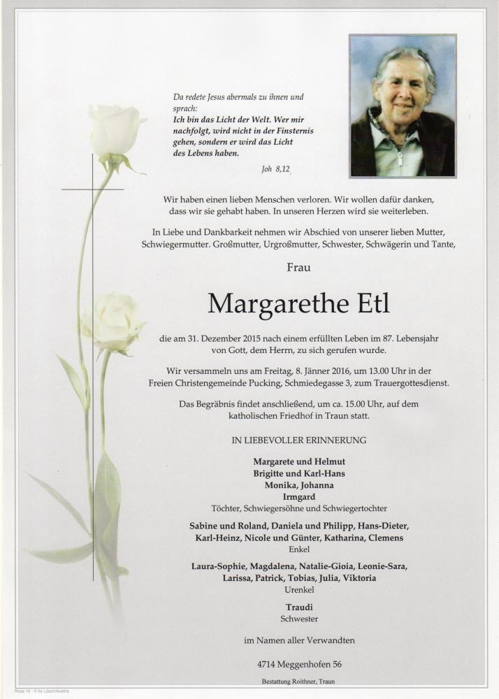 Traueranzeige von Margarethe Etl