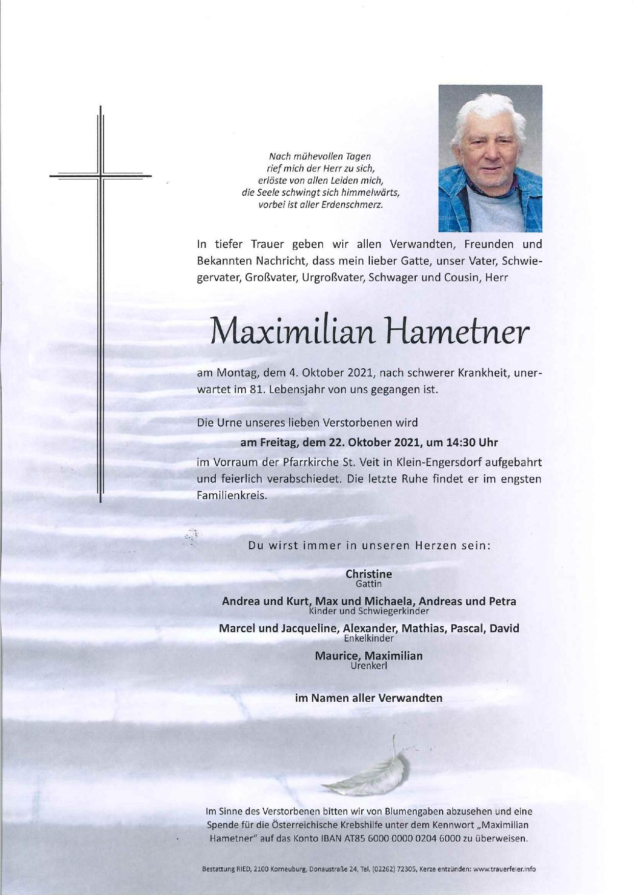 Traueranzeige von Maximilian Hametner