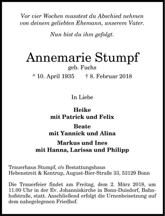 Traueranzeige von Annemarie Stumpf