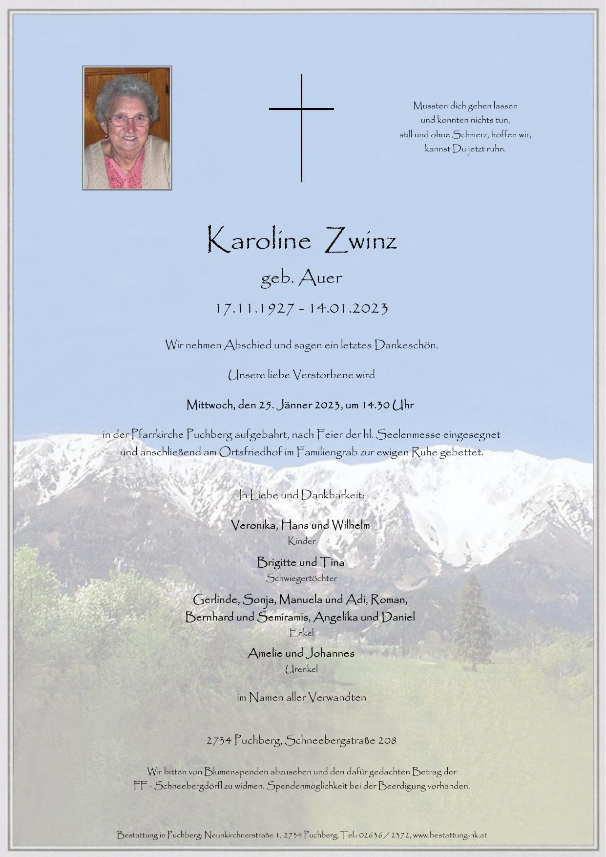 Traueranzeige von Karoline Zwinz