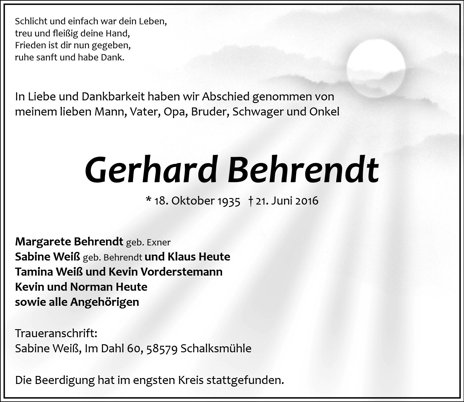 Traueranzeige von Gerhard Behrendt