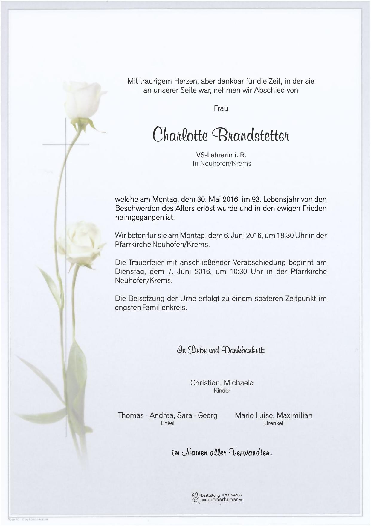 Traueranzeige von Charlotte Brandstetter