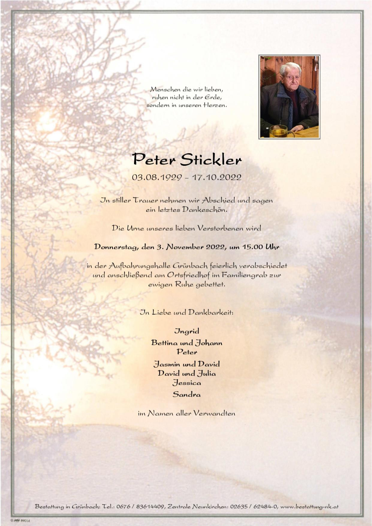 Traueranzeige von Peter Stickler