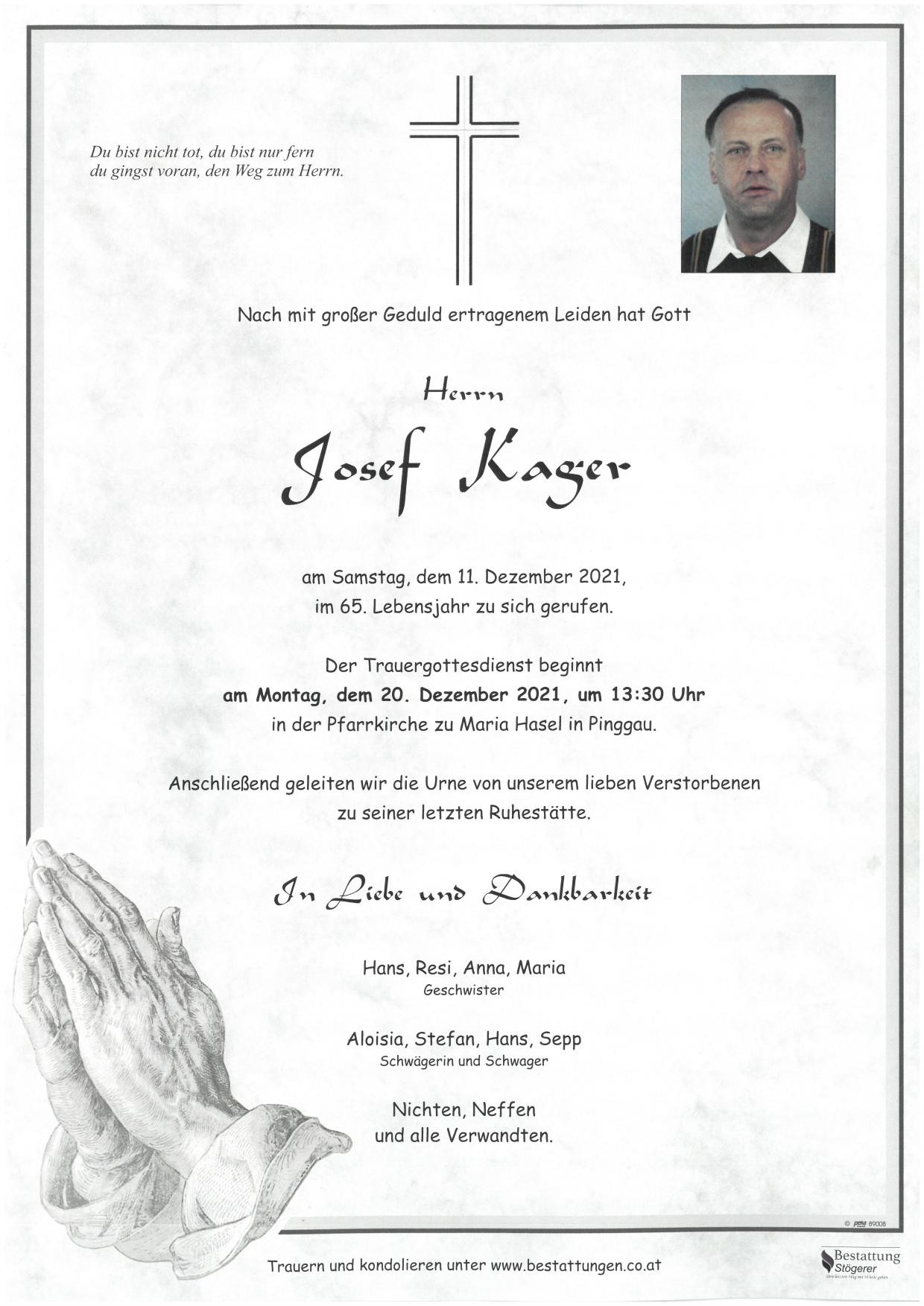 Traueranzeige von Josef Kager