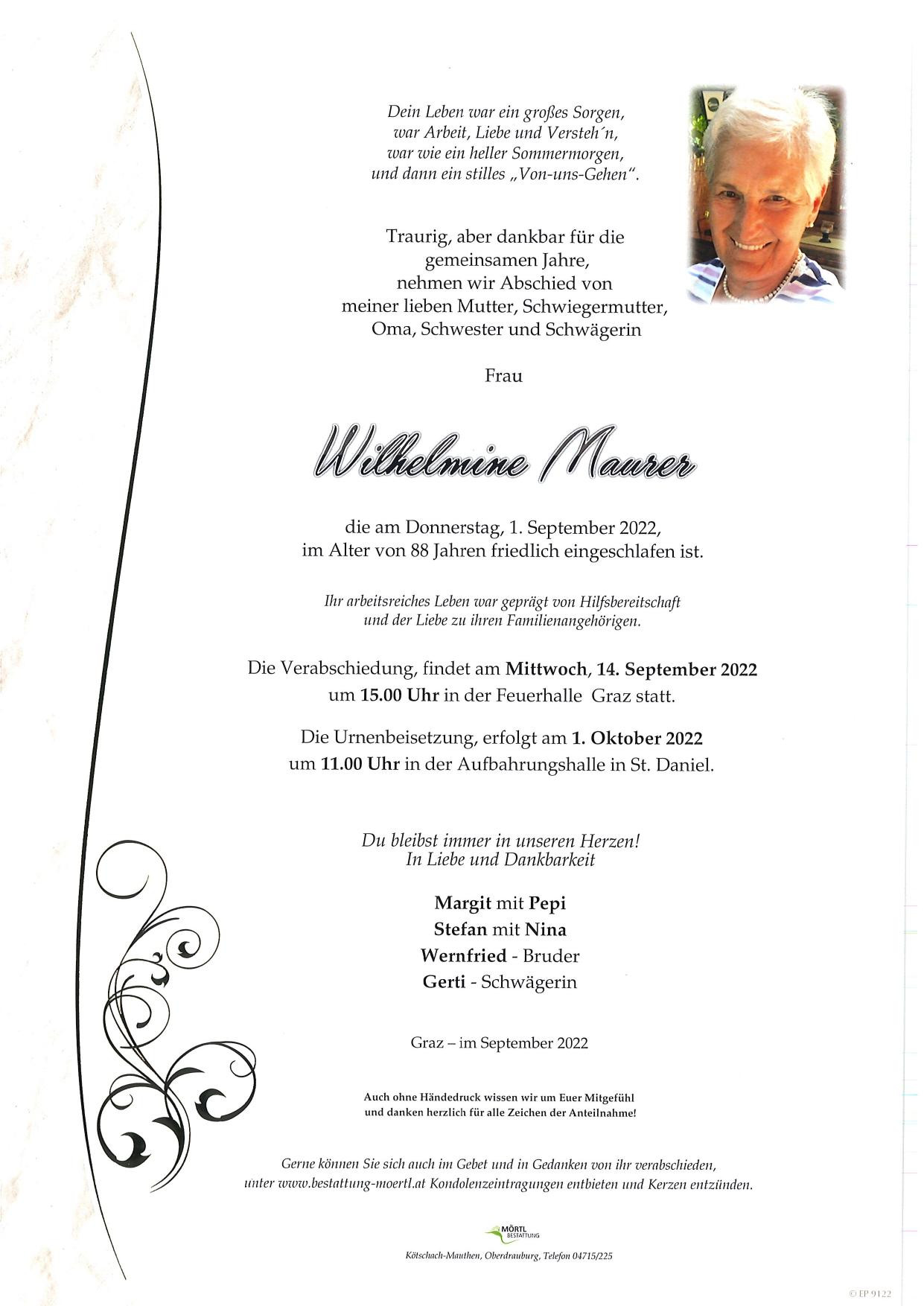 Traueranzeige von Wilhelmine Maurer