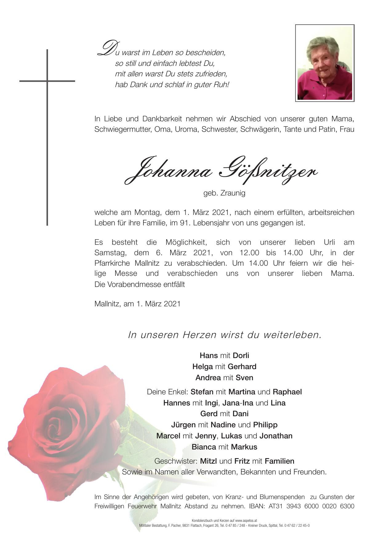 Traueranzeige von Johanna Gößnitzer