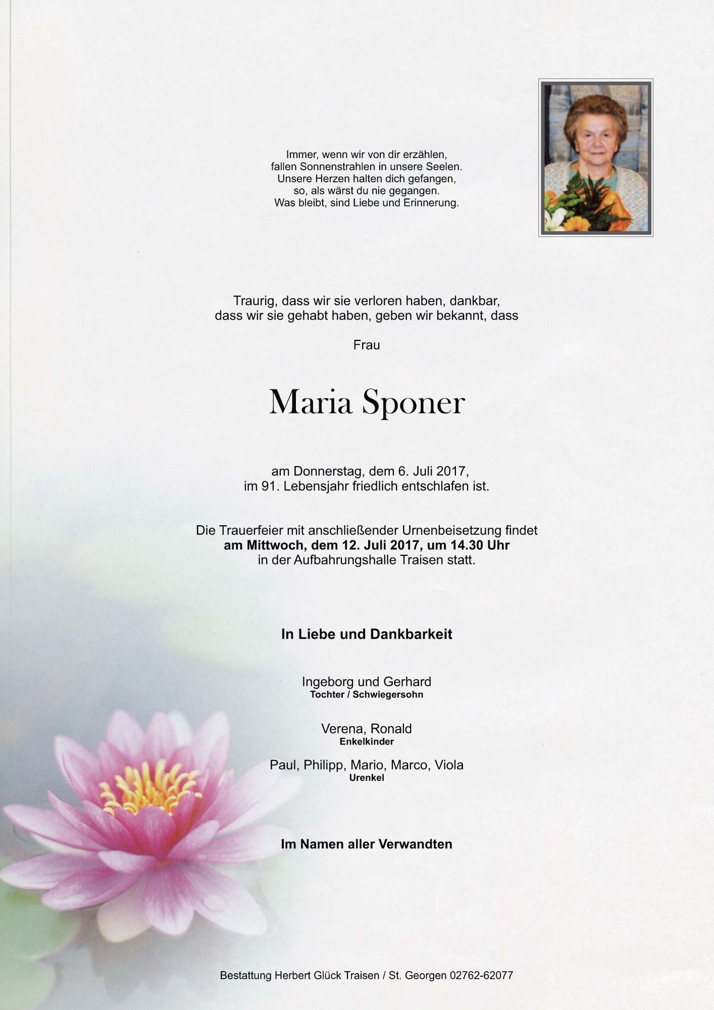 Traueranzeige von Maria Sponer