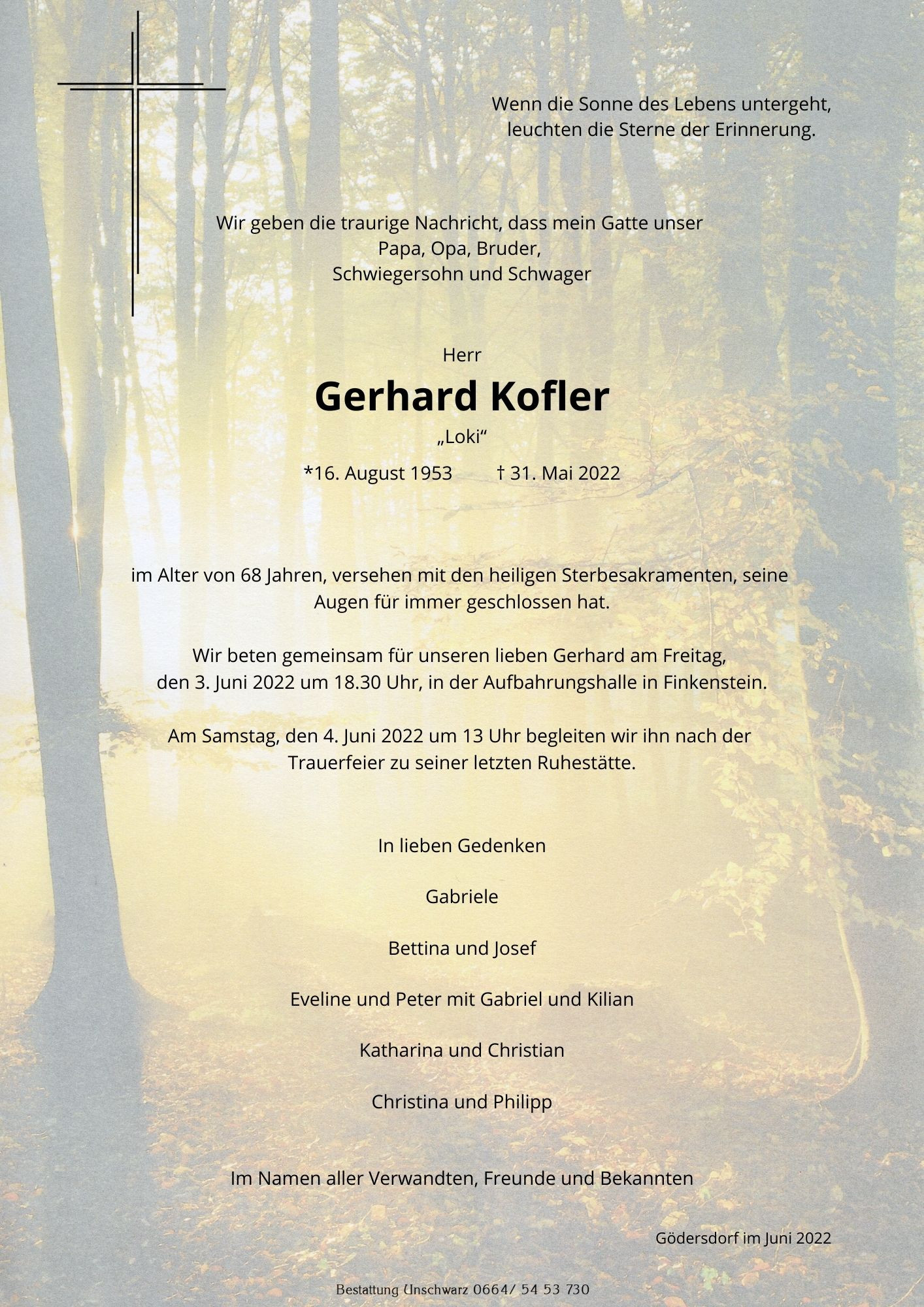 Traueranzeige von Gerhard Kofler