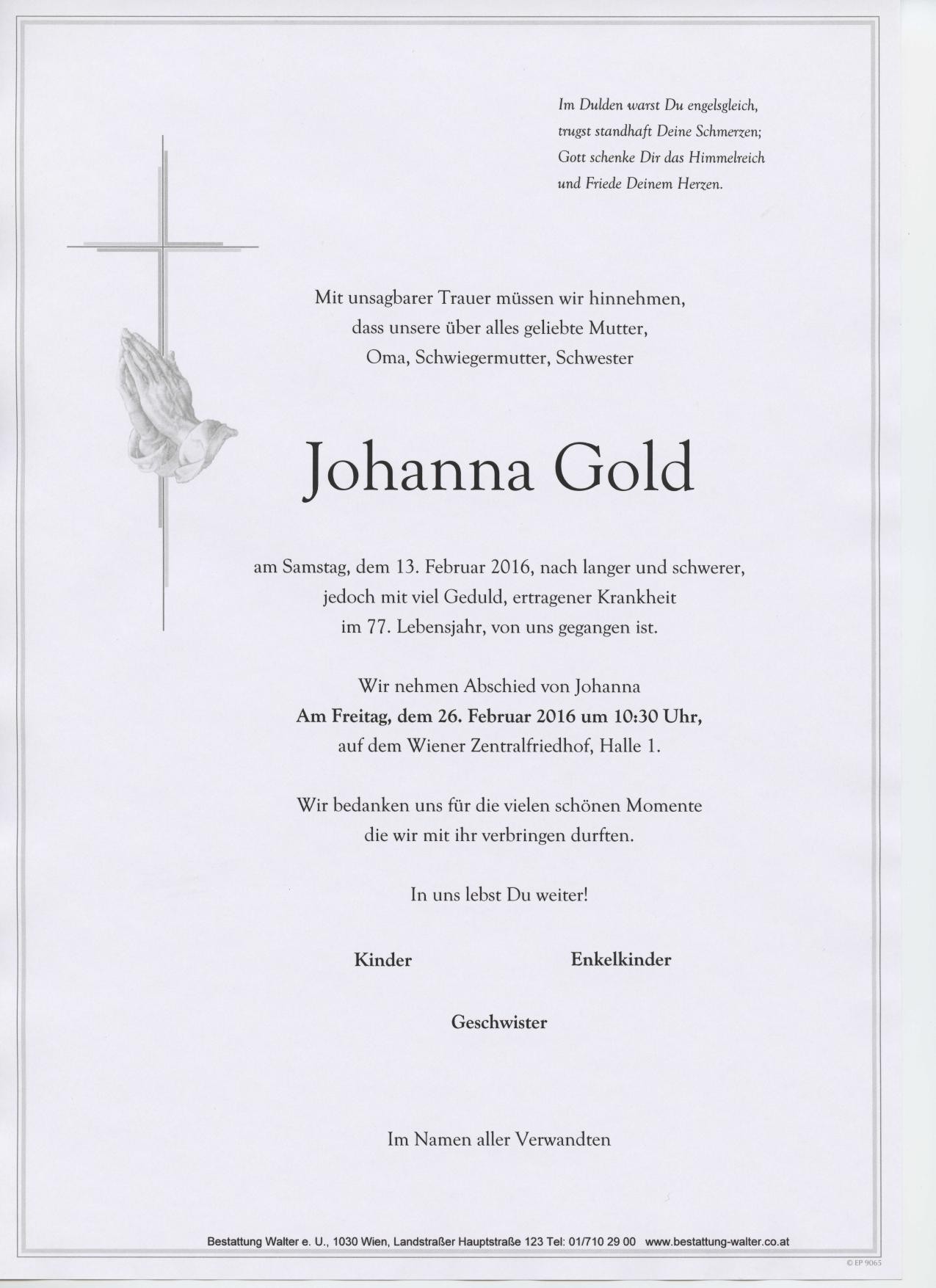 Traueranzeige von Johanna Gold