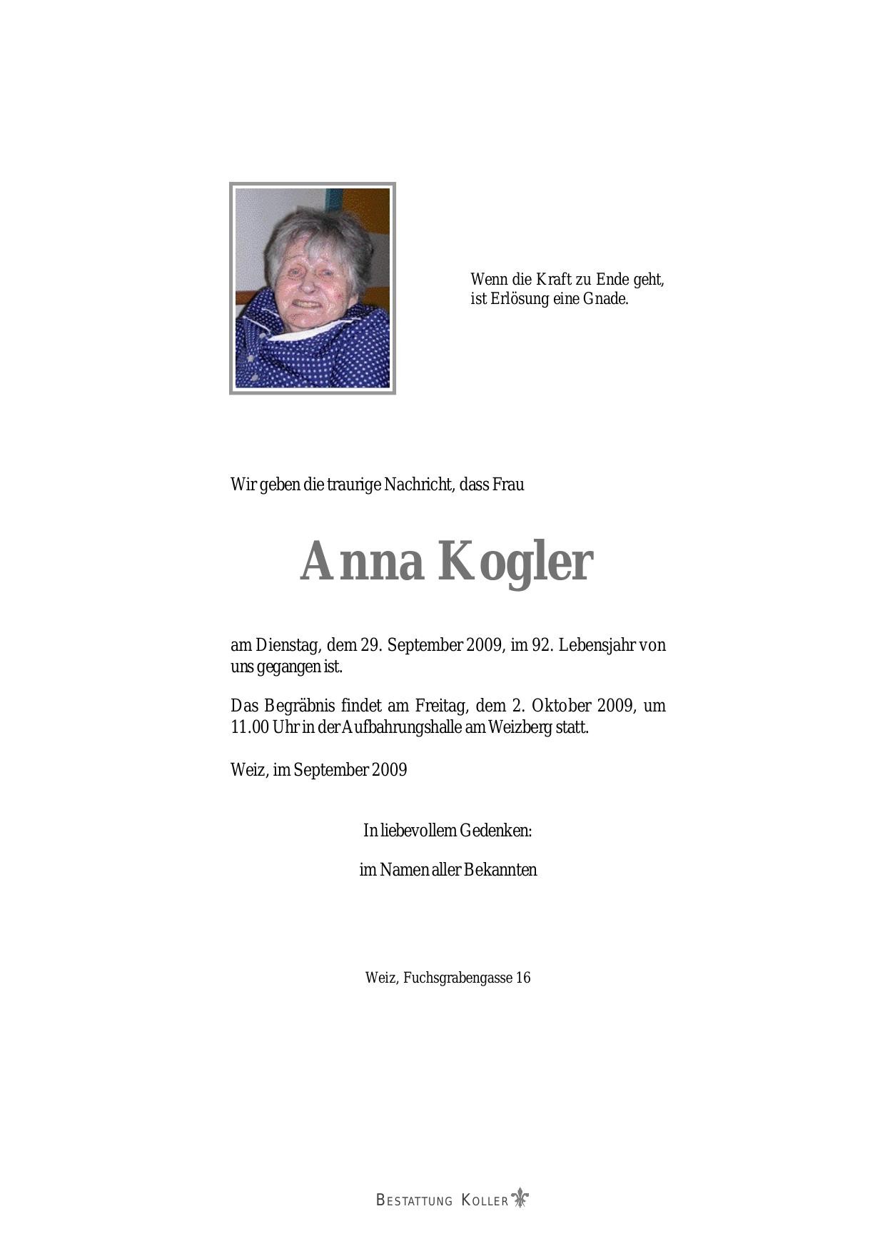 Traueranzeige von Anna Maria Kogler