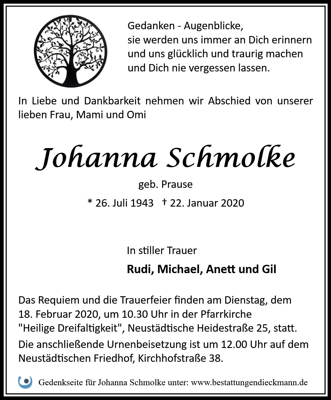Traueranzeige von Johanna Schmolke