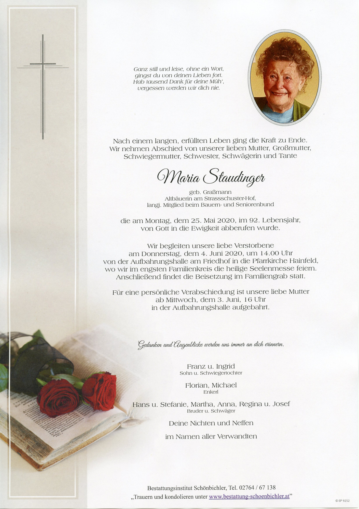 Traueranzeige von Maria Staudinger