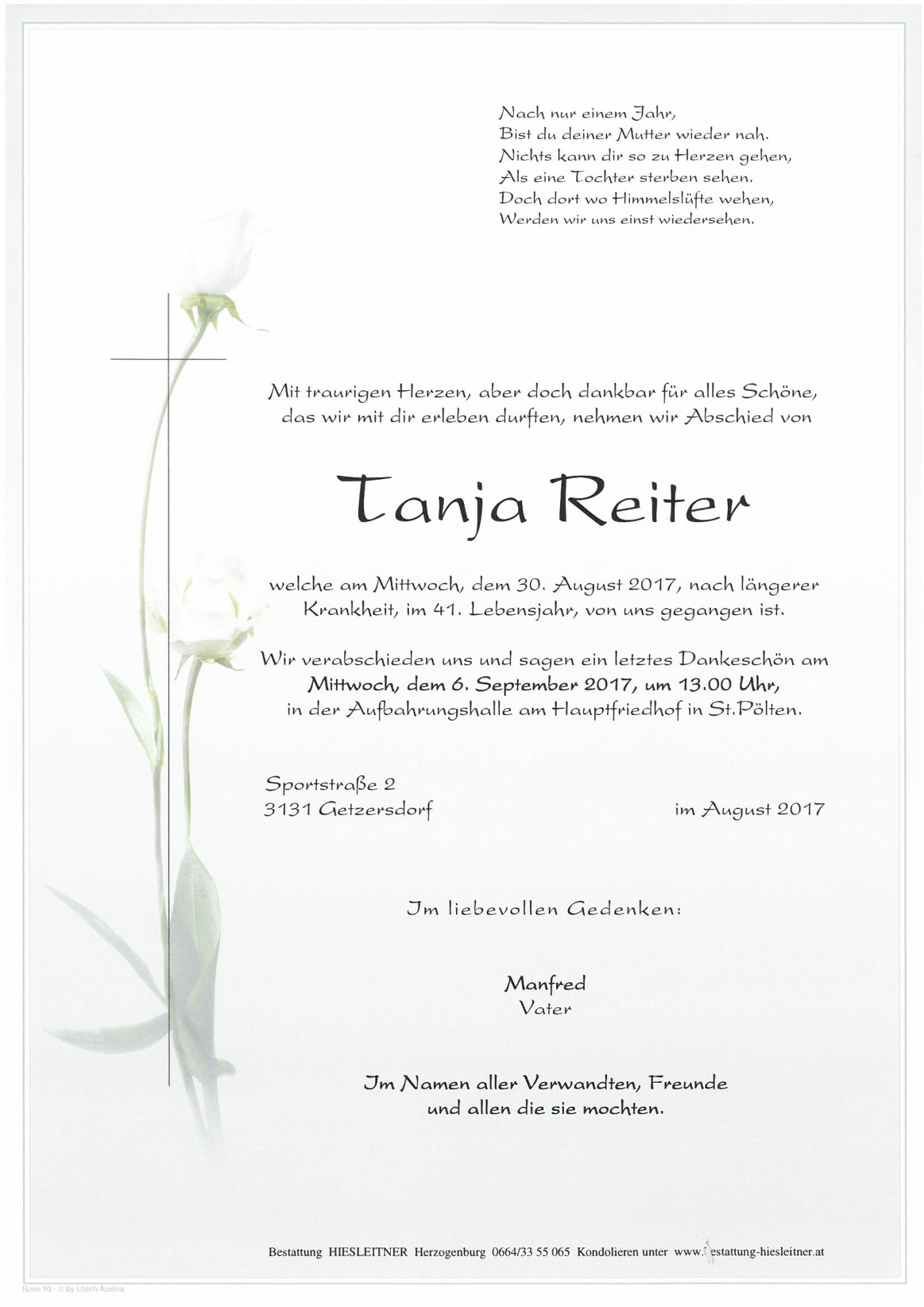 Traueranzeige von Tanja Reiter