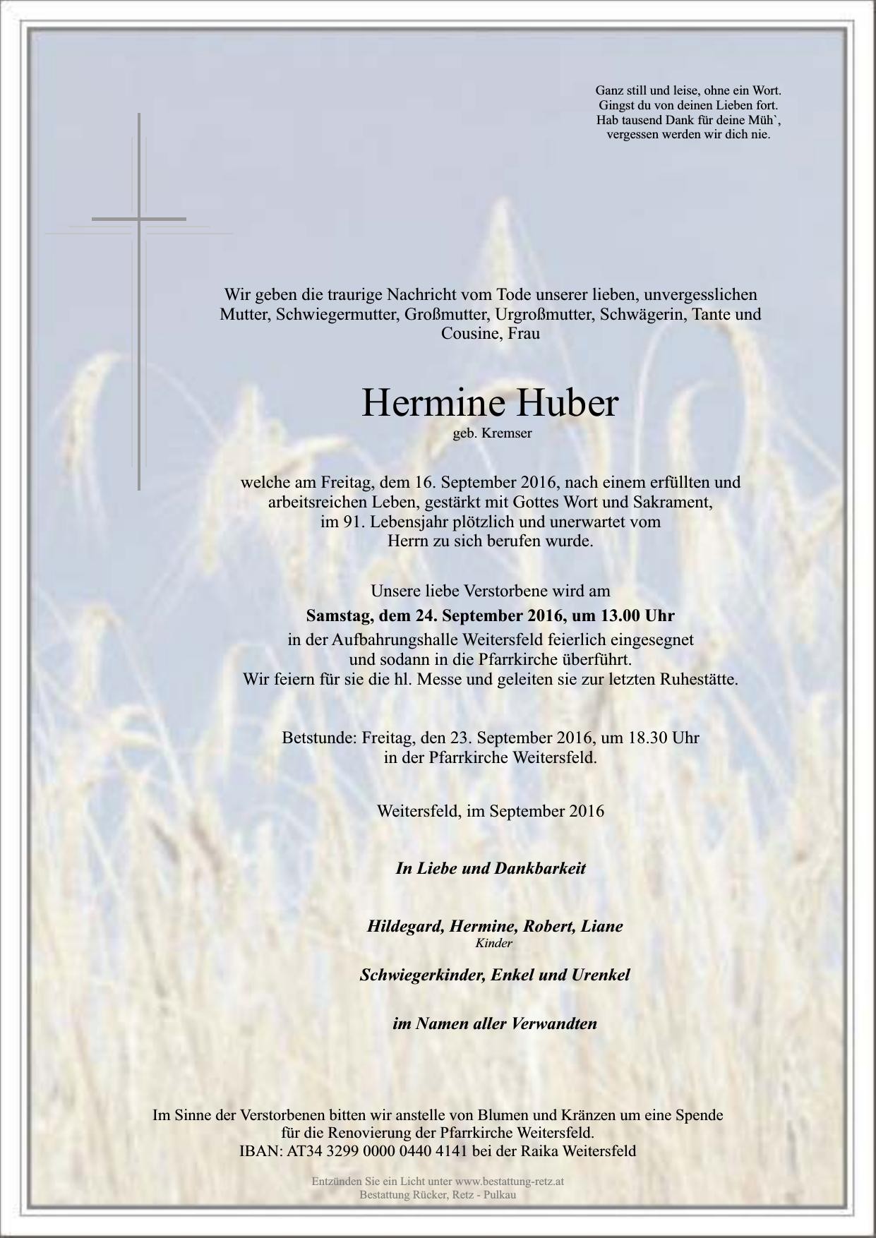 Traueranzeige von Hermine Huber