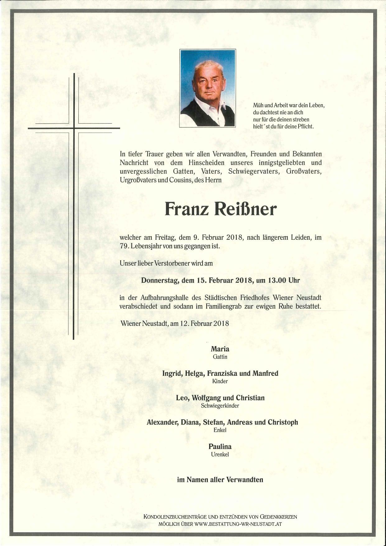 Traueranzeige von Franz Reißner