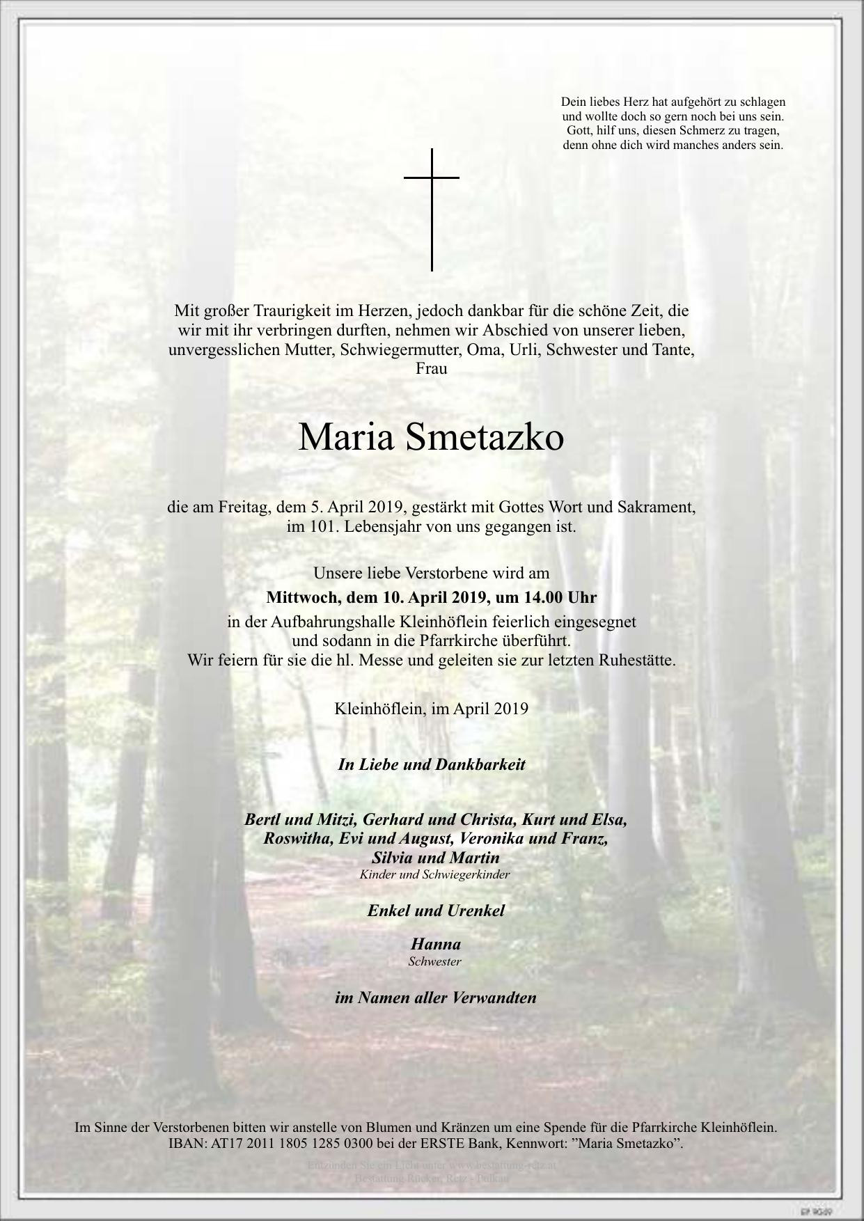 Traueranzeige von Maria Smetazko