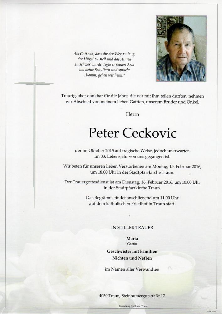 Traueranzeige von Peter Ceckovic
