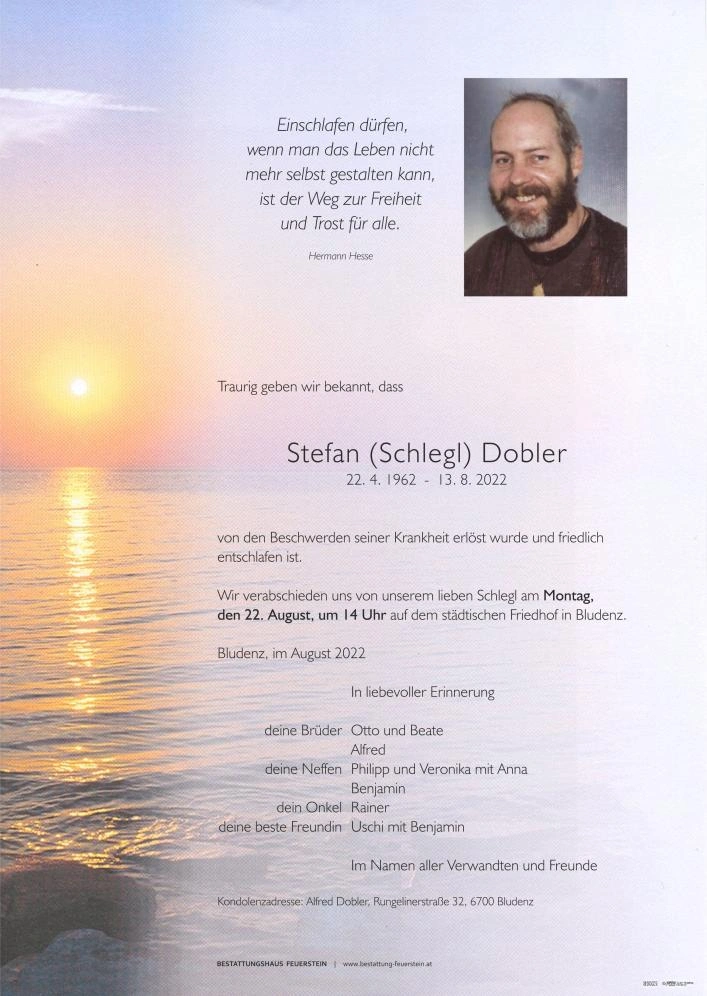 Traueranzeige von Stefan "Schlegl" Dobler