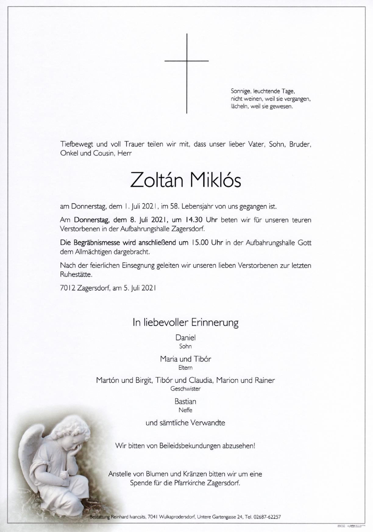 Traueranzeige von Zoltan Miklos