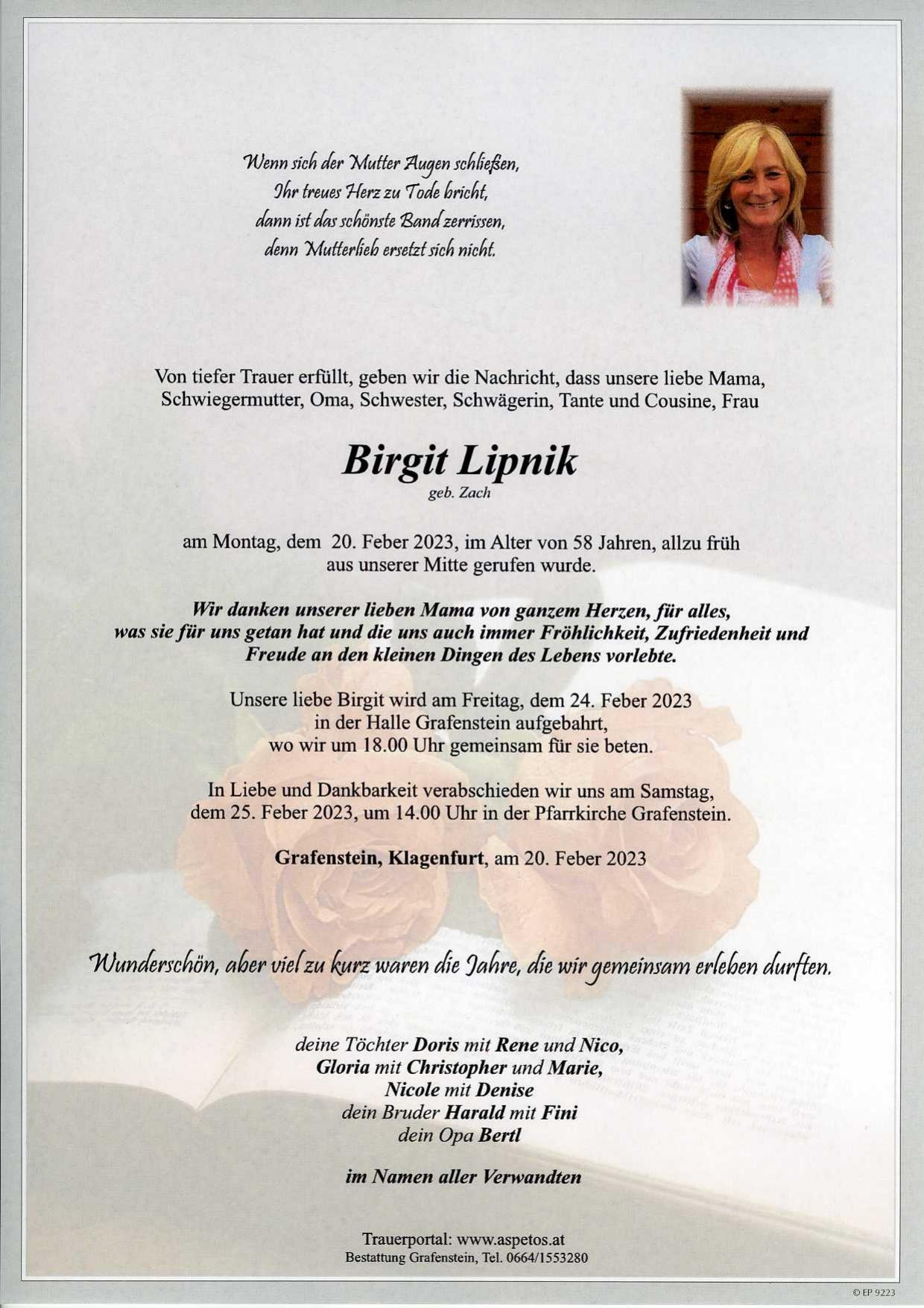 Traueranzeige von Birgit Lipnik