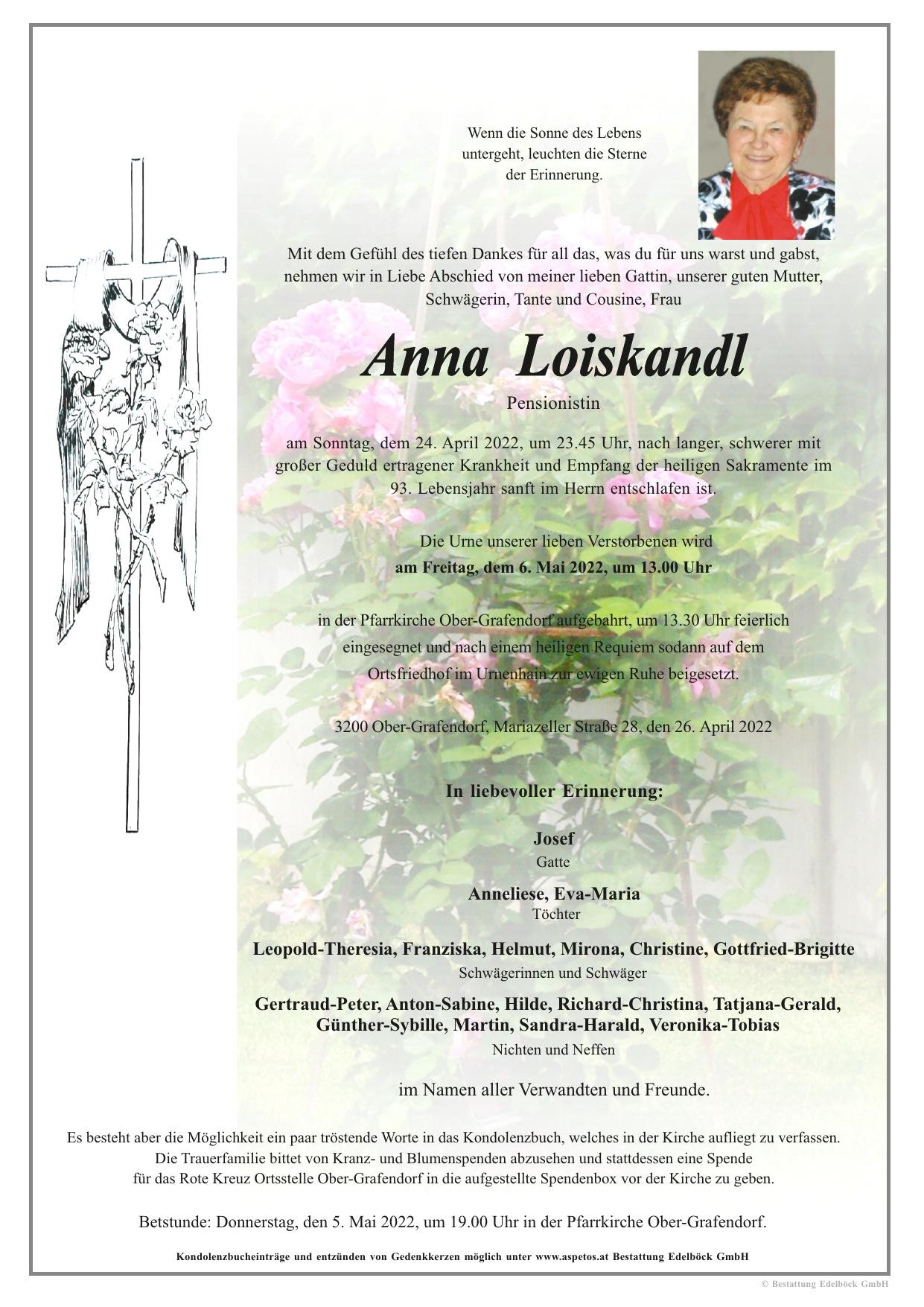 Traueranzeige von Anna Loiskandl