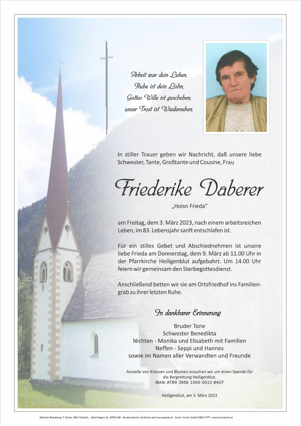 Traueranzeige von Friederike Daberer