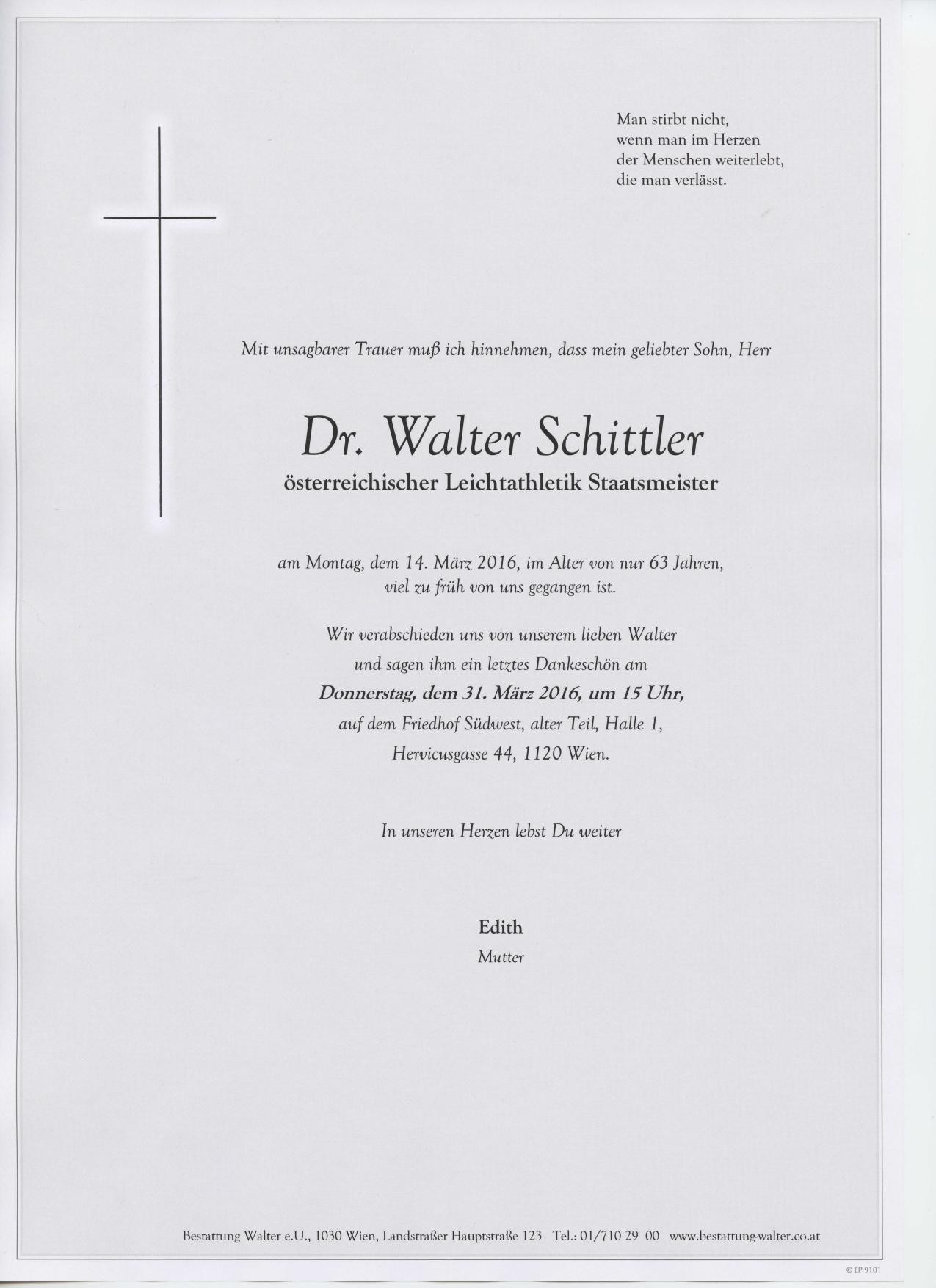 Traueranzeige von Dr. Walter Schittler