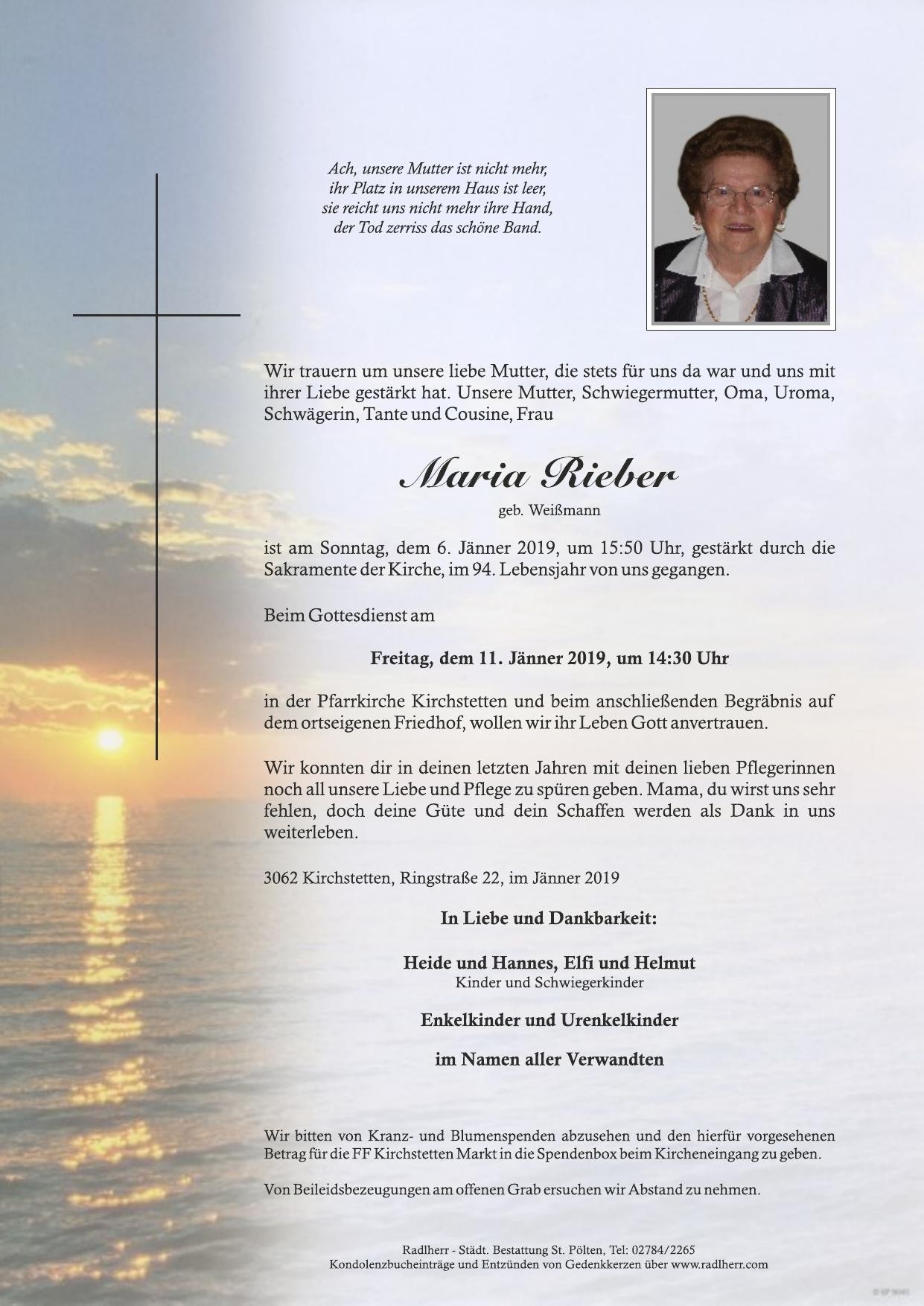 Traueranzeige von Maria Rieber