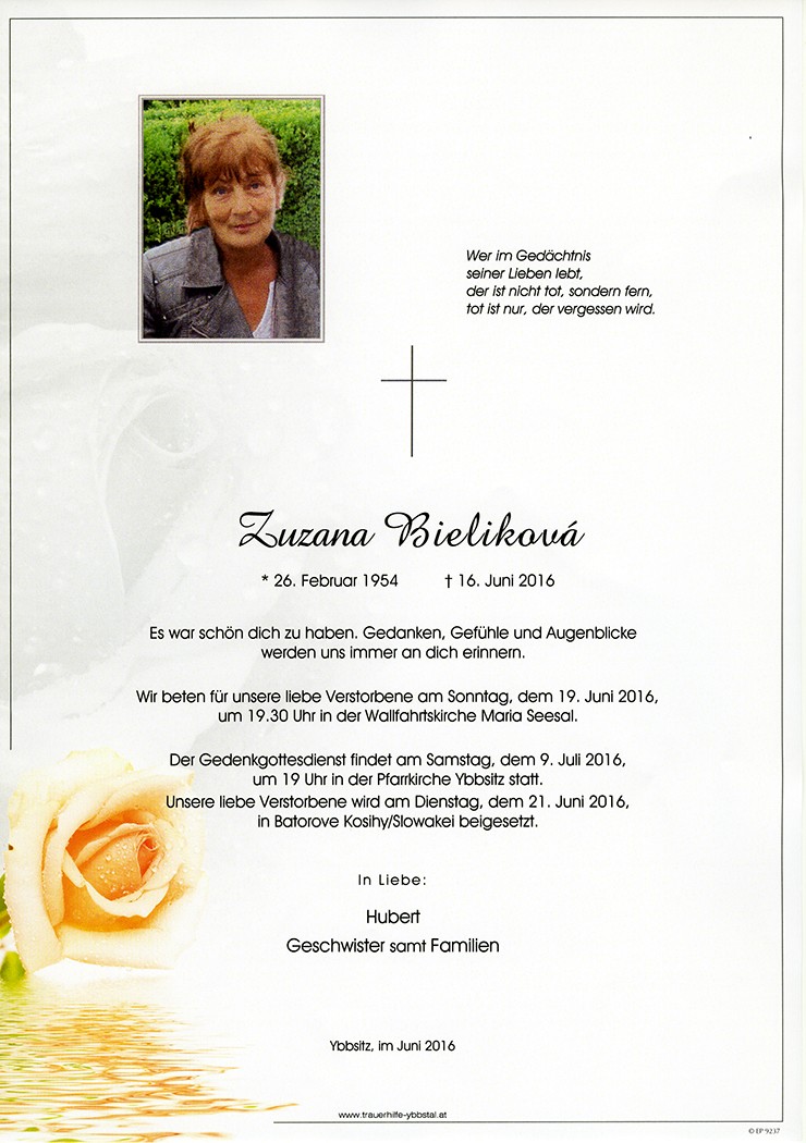 Traueranzeige von Zuzana Bieliková