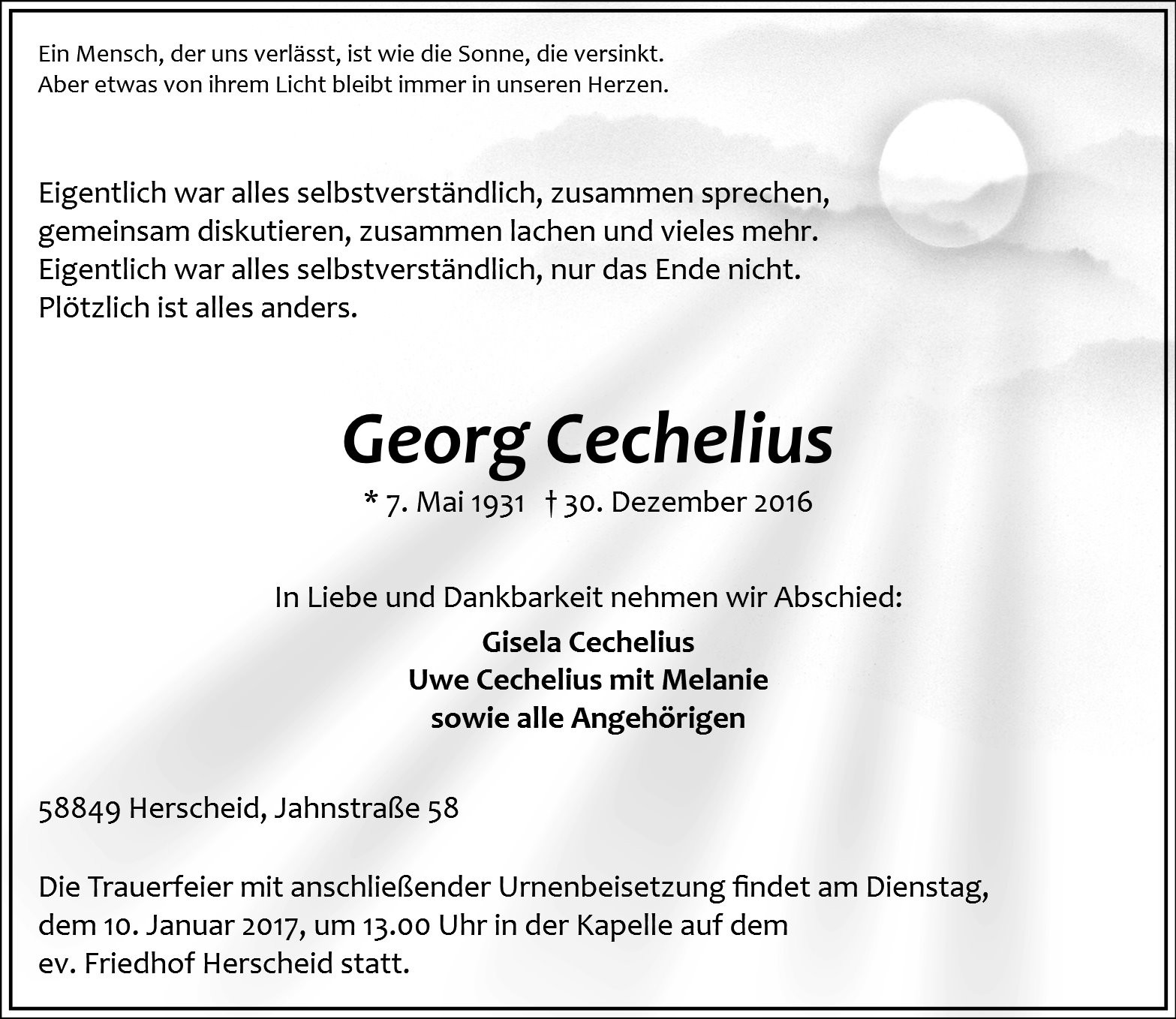 Traueranzeige von Georg Cechelius
