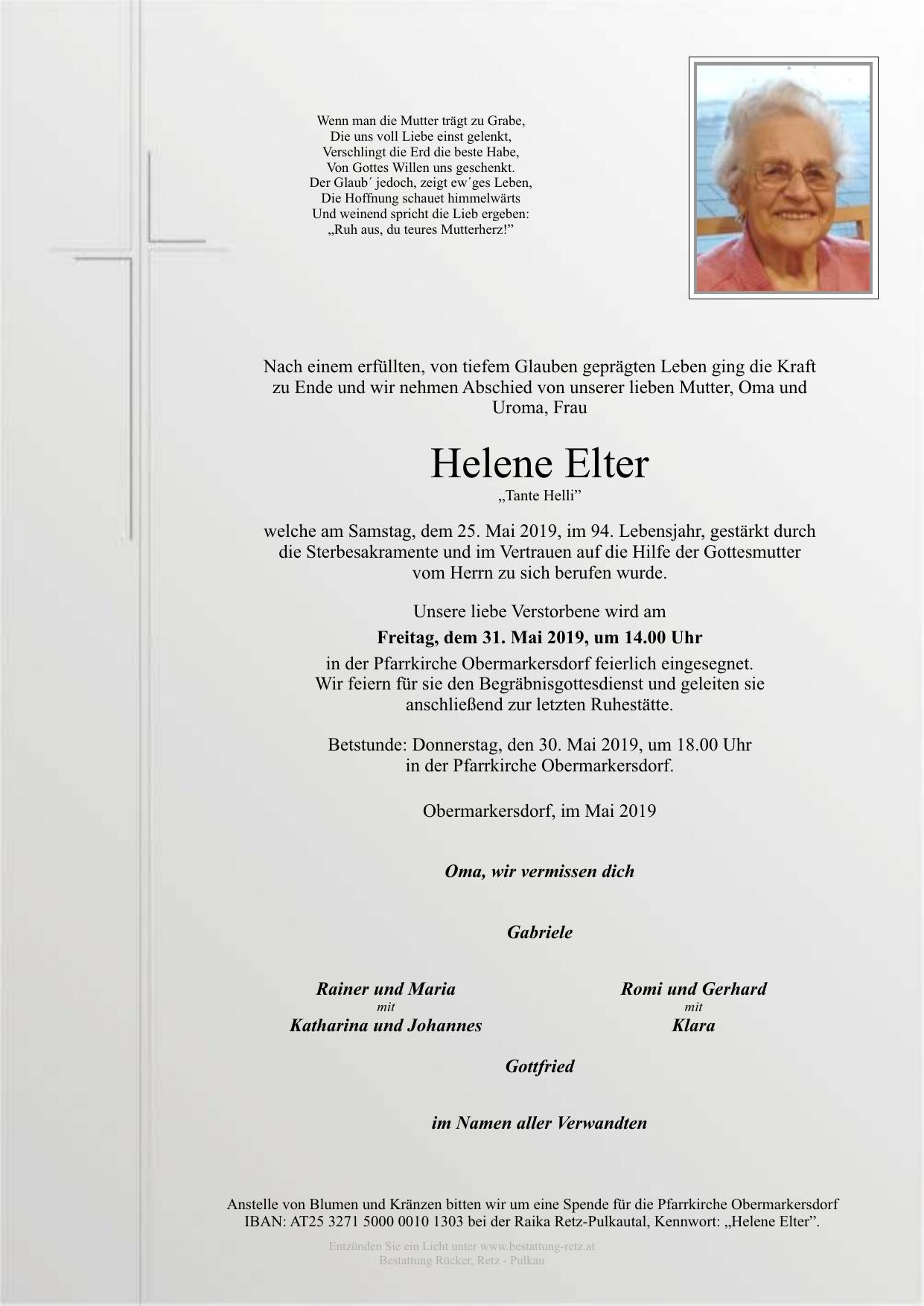 Traueranzeige von Helene Elter