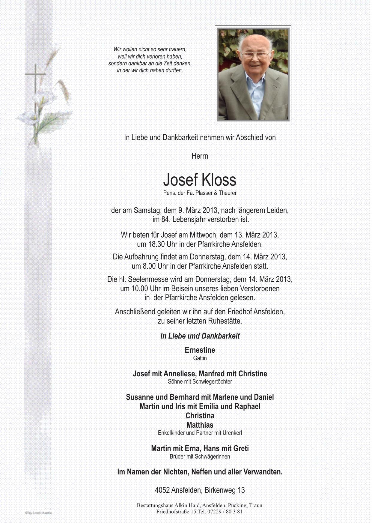 Traueranzeige von Josef Kloss