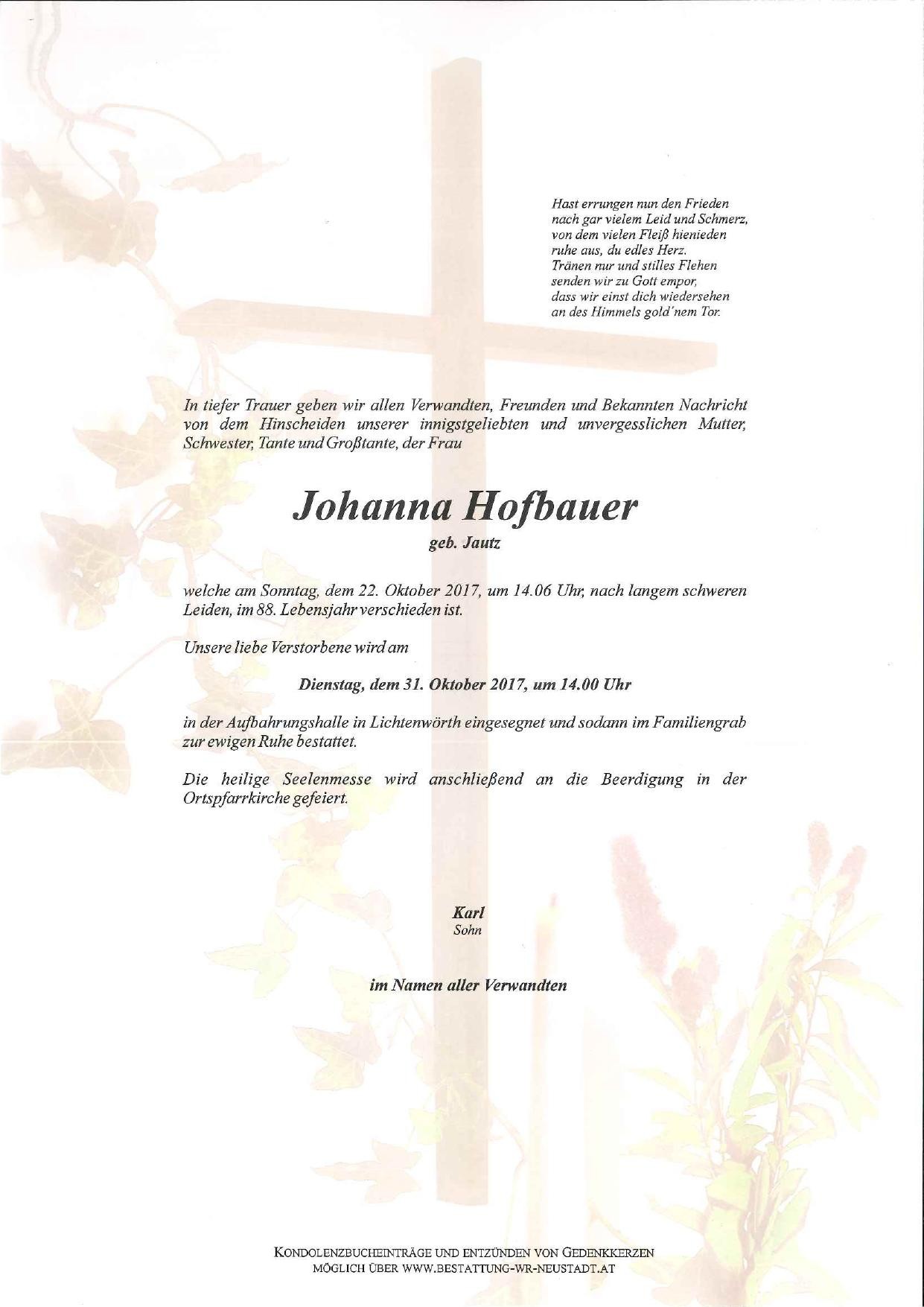 Traueranzeige von Johanna Hofbauer